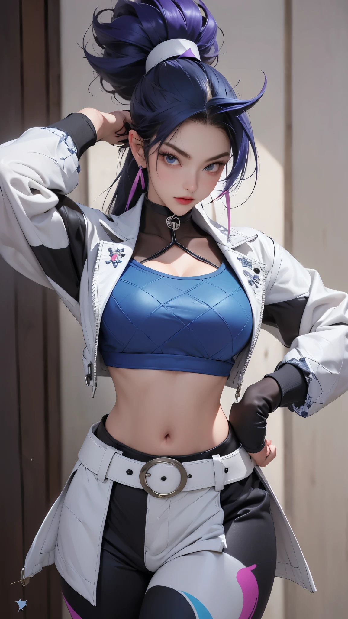Perfect Style, Beautiful Face, Highly detailed face and skin texture, (Maximum resolution: 1.2), 1 female, alone, Hip Up, jewelry, (((Has a lot of tattoos all over his body)), Streetwear, Sports Bra, Blue Hair, panties, sports boots, (((Narrow waist))), ((Big Breasts))
