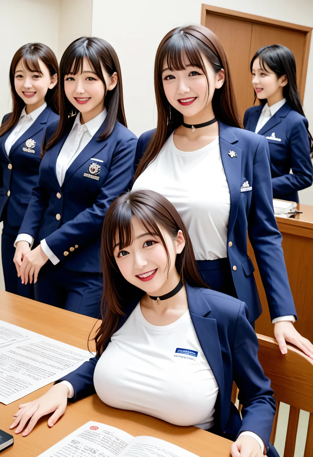  score_8up ,  score_9,  Group Photos, SF,  horror, Group photo, beautiful たち who are relative, Submissive woman,  happy expression , (( white tight shirt、  Navy Blue Blazer )), Orthodox clothing,  announcer、 adorable by design， smile， Slim face,  has a slim body，Tentaclesになった腕, 体からTentaclesがはえる,  straight long hair ,  brown hair,  sexy,  perfect hand，  black choker、 blue contact lenses 、bangs、Very thick and long eyelashes、(( big breasted)), Big Breasts,  red lipstick,  anatomically accurate, Meeting Room, During a meeting，Manuscript on the table、 announcer、Tentacles
