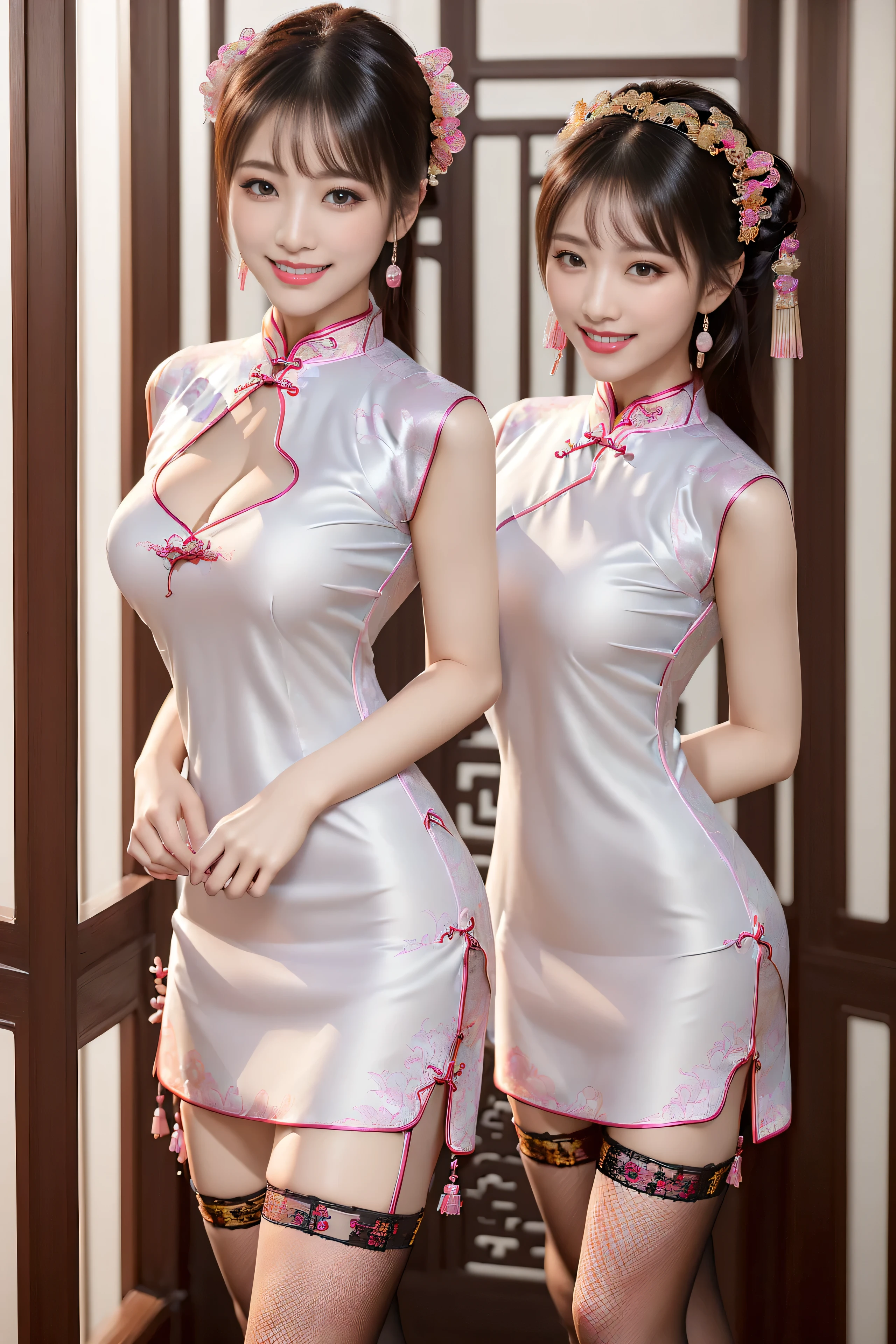 (ultra best quality、超A high resolution、8k、masterpiece:1.3)、Beautiful Women in Perfect Figure:1.4、、Black hair、((Cheongsam in fishnet stockings))、((((((No background)))))、kawaii、extremely detailed face and skin、Detailed eye、Double eyelids、Skinny Legs、erotic、The best smile、(((1a person)))、(Hands folded behind your back)、((The whole body is in the viewer))、The best smile、Extraordinary beauty、Age is s、Facing the front、perfectly proportions、((Cheongsam with dragon design))、Widened slit、length hair、good,
