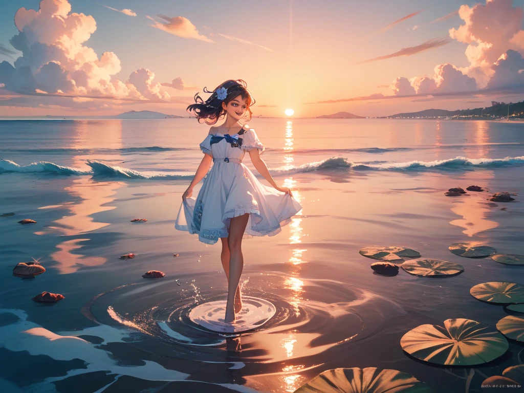 High quality, ultra realistic,absurdres, highres, ultra detailed, HDR, masterpiece, extremely detailed , beautiful colorful flowers , light blue lake , glowing , beautiful dress girl on lake