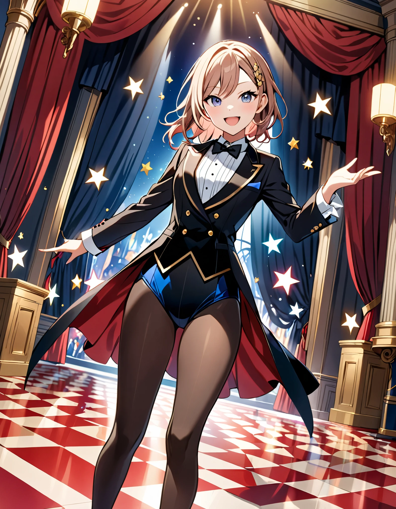 highest quality、Female 1,22 years old,Perfect limbs、Accurate anatomy、Detailed depiction,Super beautiful woman,Slender beauty、short hair、(Blonde,Golden eyebrows),Purple Eyes,Pink Cheeks,Beautiful Skin,White and purple idol costume、Dark purple panties、Knee-high socks、Beautiful big breasts、Exposed thighs,Live Stage、sing、Dancing、(Provocative smile),((Sweat:1.3)),The golden spotlight shines on her.