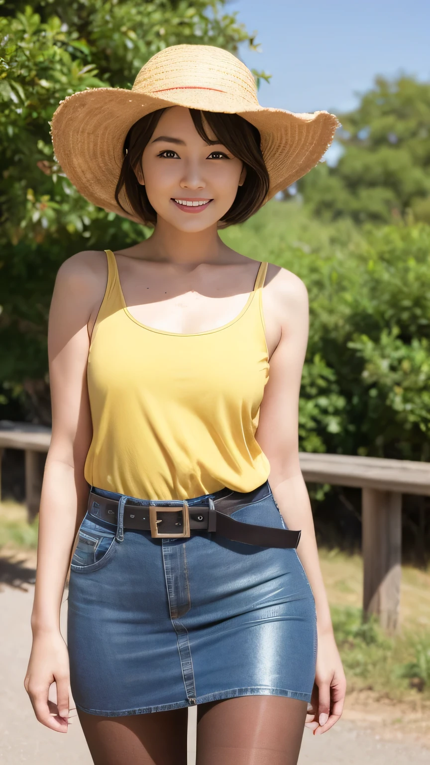 top quality、8k、 masterpiece、 Supernatural、Clear Photo、 professional lighting、 natural light、 by Nomi、 perfect anatomy、 one woman、:2.0、 small tits、 flat chest:2.0、 beautiful hair、smile、(( muscles:1.6、 thick thighs))、 tank top、((Denim pencil skirt、 shiny pantyhose))、belt、 sneakers、 Straw Hat、Plateau scenery、big prairie
