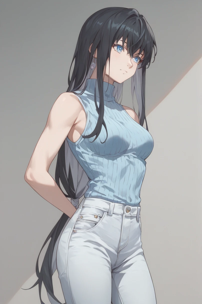 A woman with very long black hair and (very long bangs:1.5), wearing a stylish jacket and tight jeans, standing. The artwork is inspired by manga and incorporates a doujin style. The woman appears to be (wetting herself:1.5), which causes her to feel embarrassed and humiliated, resulting in a blush on her face. In addition, there is an air of anger in her expression. The lighting in the scene is moody, with a spotlight highlighting the woman's figure. She is crossing her arms, (arms crossed:1.5), fully showcasing her jeans., large breasts