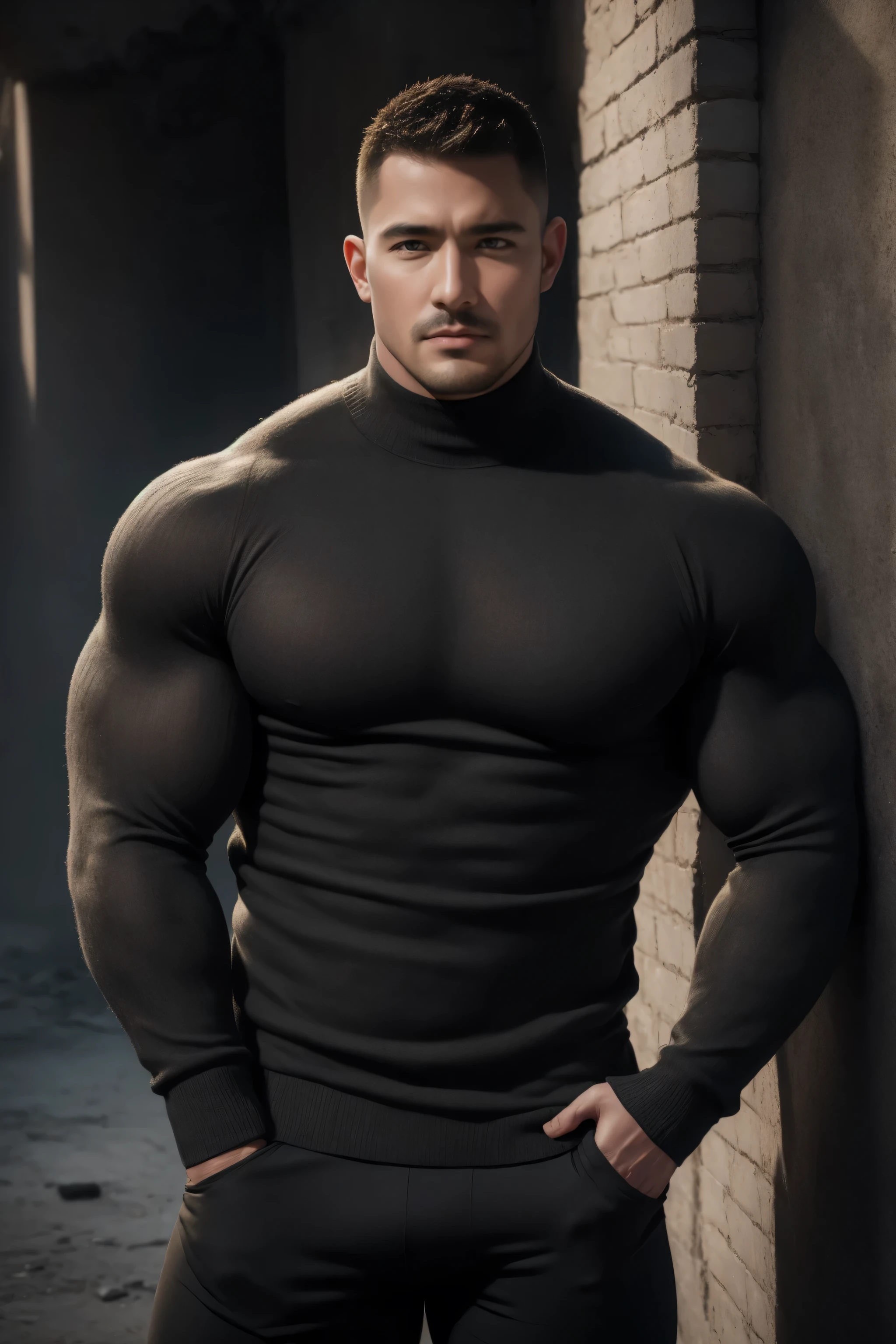 1个 muscular man, buzz cut, VERY STRONG ,Ruins in an abandoned city shining in the open sun , leaning against a dirty wall , wearing a charcoal black long sleeve high neck men's tights, Soft and waxy texture of the sweater,He's dirty ,He has a sad expression, Lift your chin, buzz cut,, thick thighs , wearing a charcoal black long sleeve high neck men's tights, Soft and waxy texture of the sweater,, Very tight, Regular symmetrical pattern, High Aimslight muscles, 警服裤, character concept (buzz cut Chris Redfield)He has a sad expression, Deep charming eyes, Heroic male pose, tall Burly, Muscular ! Muscular thighs, Tough Guy, Perfect facial features, High Aims, Burly, Heqiang, Super exquisite and cool, High Aims Resolution Committee, Extraordinary Charm , The warm sun shines on his body,Make the texture of the clothes more perfect