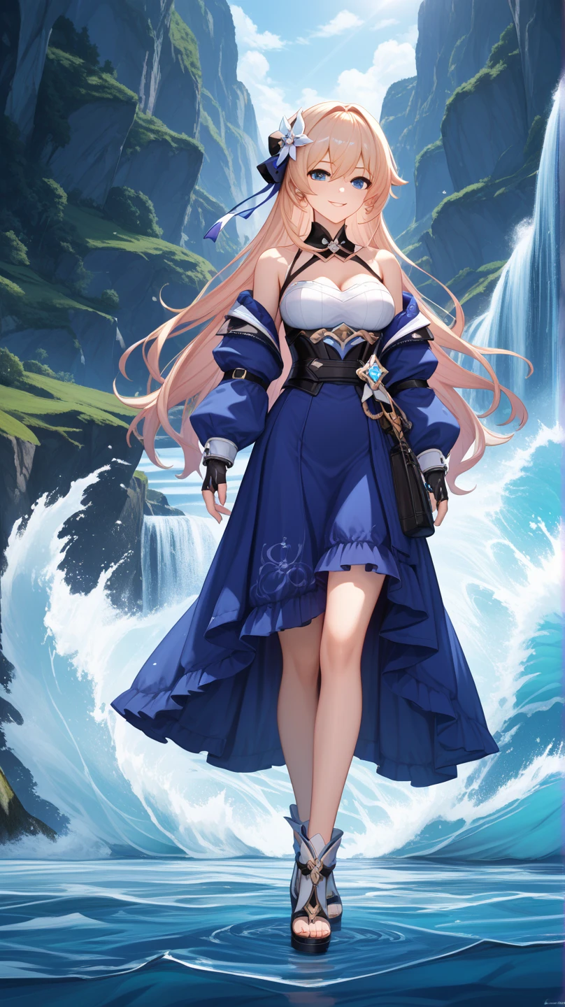 Arapei in a dress stands in the water, Anime girl walking on water, closeup fantasy with water magic, azur lane style, trending on cgstation, Anime girl cosplay, seraphine ahri kda, Splash art anime Loli, trending at cgstation, realistic water, water fairy, WLOP and Sakimichan