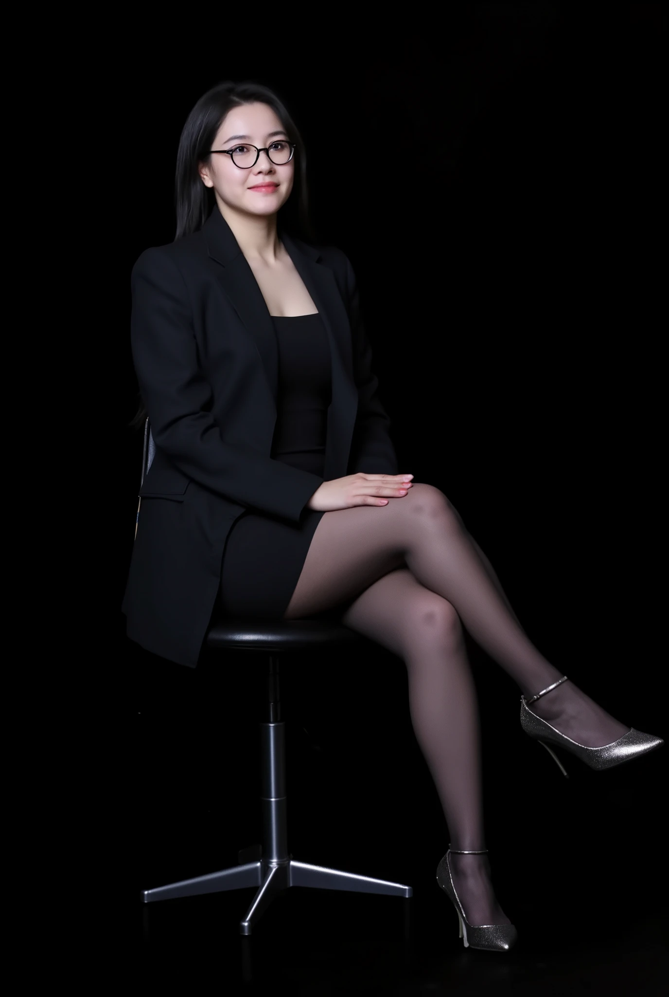 A highly detailed CGI rendering of a young Asian woman with a slender yet curvaceous figure, seated in a relaxed yet poised manner. She has long, straight black hair cascading over her shoulders, framing her fair face, which has a smooth texture that reflects light subtly. She wears a form-fitting black long-sleeved blazer that accentuates her prominent curves, paired with a short black skirt that highlights her long legs, covered in sheer black pantyhose. On her feet are high-heeled shoes with a metallic finish, adding a touch of glamour to her look. Her left arm rests casually on her thigh while her right arm drapes elegantly over the back of the chair. Her expression is calm and confident, complemented by a slight hint of a smile. She wears thin, round glasses, enhancing her sophisticated and intellectual appearance. The background is entirely black, creating a striking contrast that makes her figure and attire stand out prominently. Soft, diffused lighting surrounds her, casting a