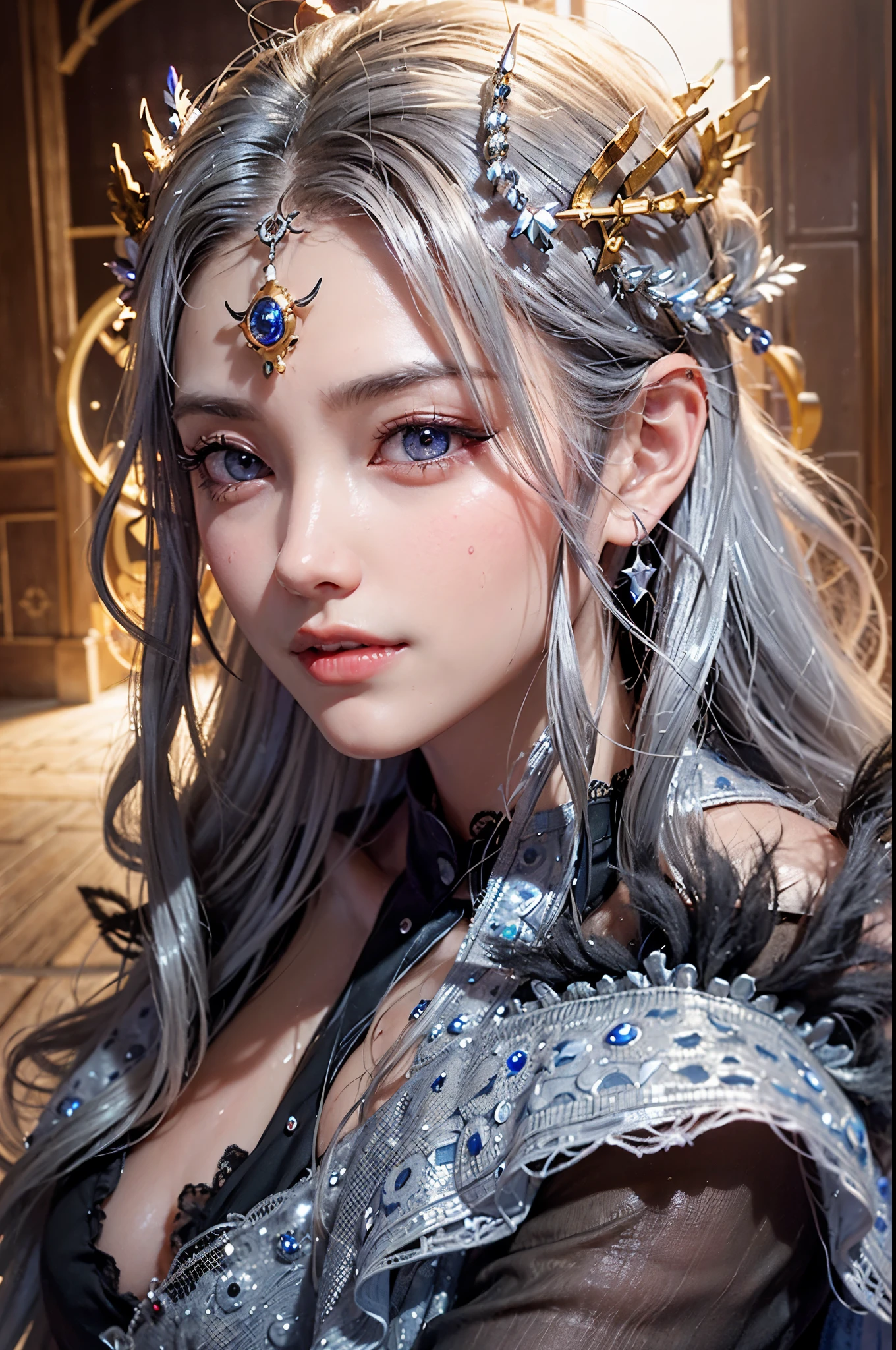 Orange blue long hair,Nice face,pendant,Heterochromatic pupil,ssmile,apathy,Gini Coefficient,Full body photo,large hat