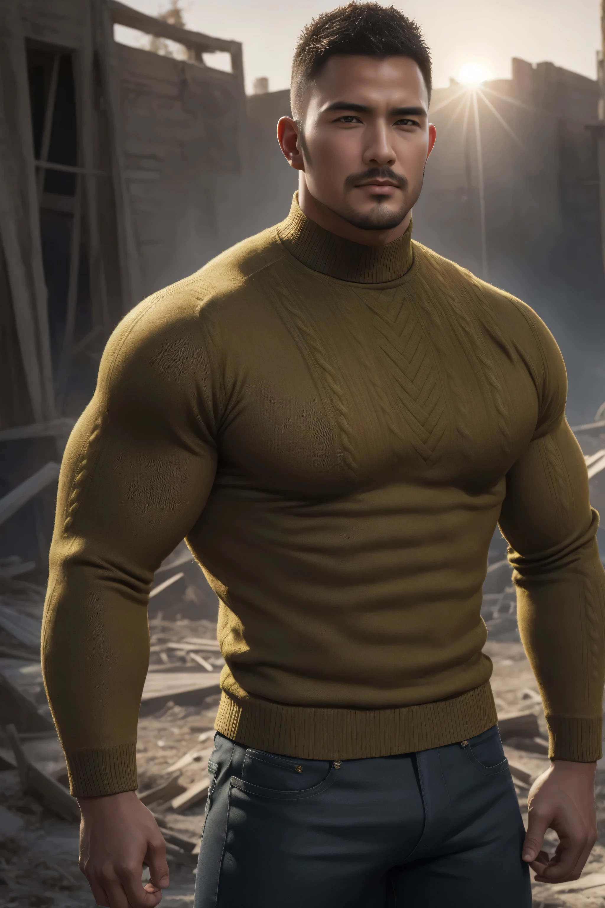 1个 muscular man,  buzz cut，Ruins in an abandoned city shining in the open sun ， Wear a dark yellow long sleeve high neck tights for men, Soft and waxy texture of the sweater，He has a sad expression， Lift your chin,  messy hair,   thick thighs  , Wear a dark yellow long sleeve high neck tights for men, Soft and waxy texture of the sweater，, Very tight, Regular symmetrical pattern, High Aimslight muscles, 警服裤,  character concept （buzz cut Chris Redfield） proud expression,  Deep charming eyes, Heroic male pose, tall Burly,  Muscular ！ Muscular  thighs, Tough Guy, Perfect facial features, High Aims, Burly, Heqiang, Super exquisite and cool, High Aims Resolution Committee, Extraordinary Charm ,  The warm sun shines on his body，Make the texture of the clothes more perfect 