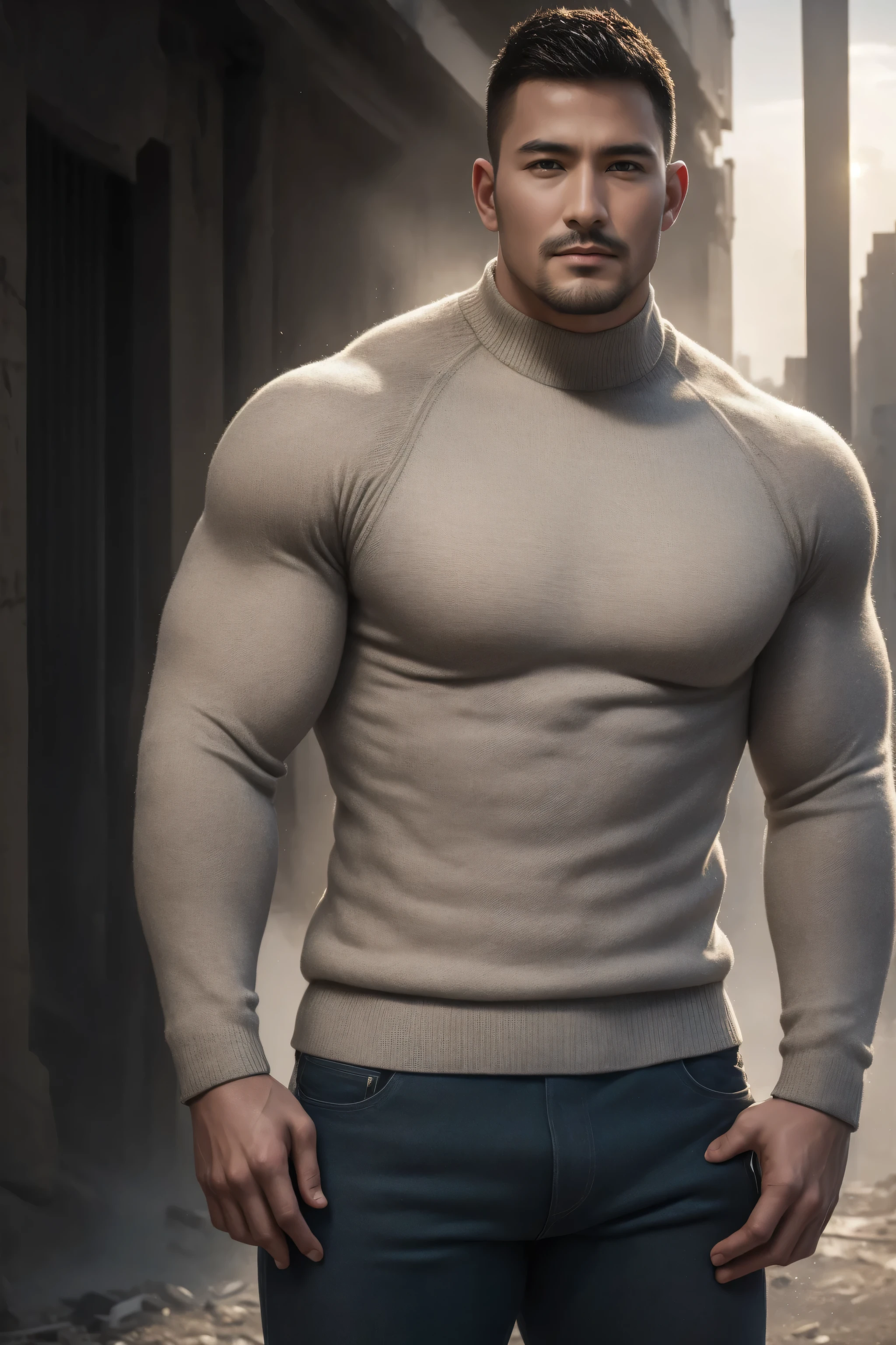 1个 Muscular man,  buzz cut，Ruins in an abandoned city shining in the open sun ， Wear a milky white long sleeve high neck tights for men, Soft and waxy texture of the sweater，He has a sad expression， Lift your chin,  messy hair,   thick thighs  , Wear a milky white long sleeve high neck tights for men, Soft and waxy texture of the sweater，, Very tight, Regular symmetrical pattern, High Aimslight muscles, 警服裤,  character concept （buzz cut Chris Redfield） proud expression,  Deep charming eyes, Heroic male pose, tall Burly,  Muscular！ Muscular thighs, Tough Guy, Perfect facial features, High Aims, Burly, Heqiang, Super exquisite and cool, High Aims Resolution Committee, Extraordinary Charm ,  The warm sun shines on his body，Make the texture of the clothes more perfect 
