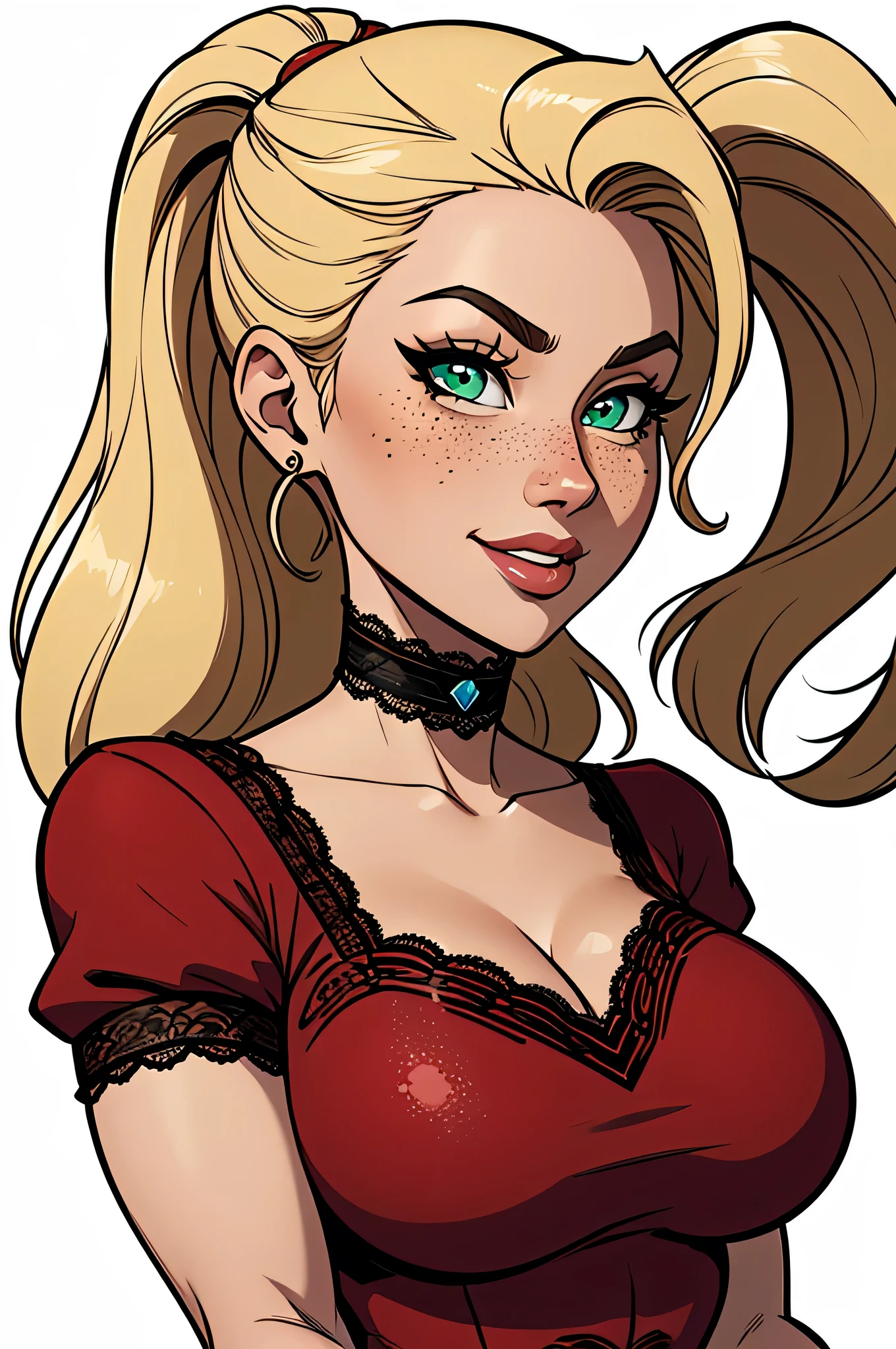 Thin woman, age 25, 4K (High definition), mysterious smile, seducing gaze, greeneyes, wearing a red dress with a boat neck (with golden buttons) and short sleeves, arms positioned at the side of the body, pele caucasiana, straight blonde hair up to the shoulders, standing (upper body), full of curves with freckles on her chest and neck, round breasts. High-quality Marvel style, white background.