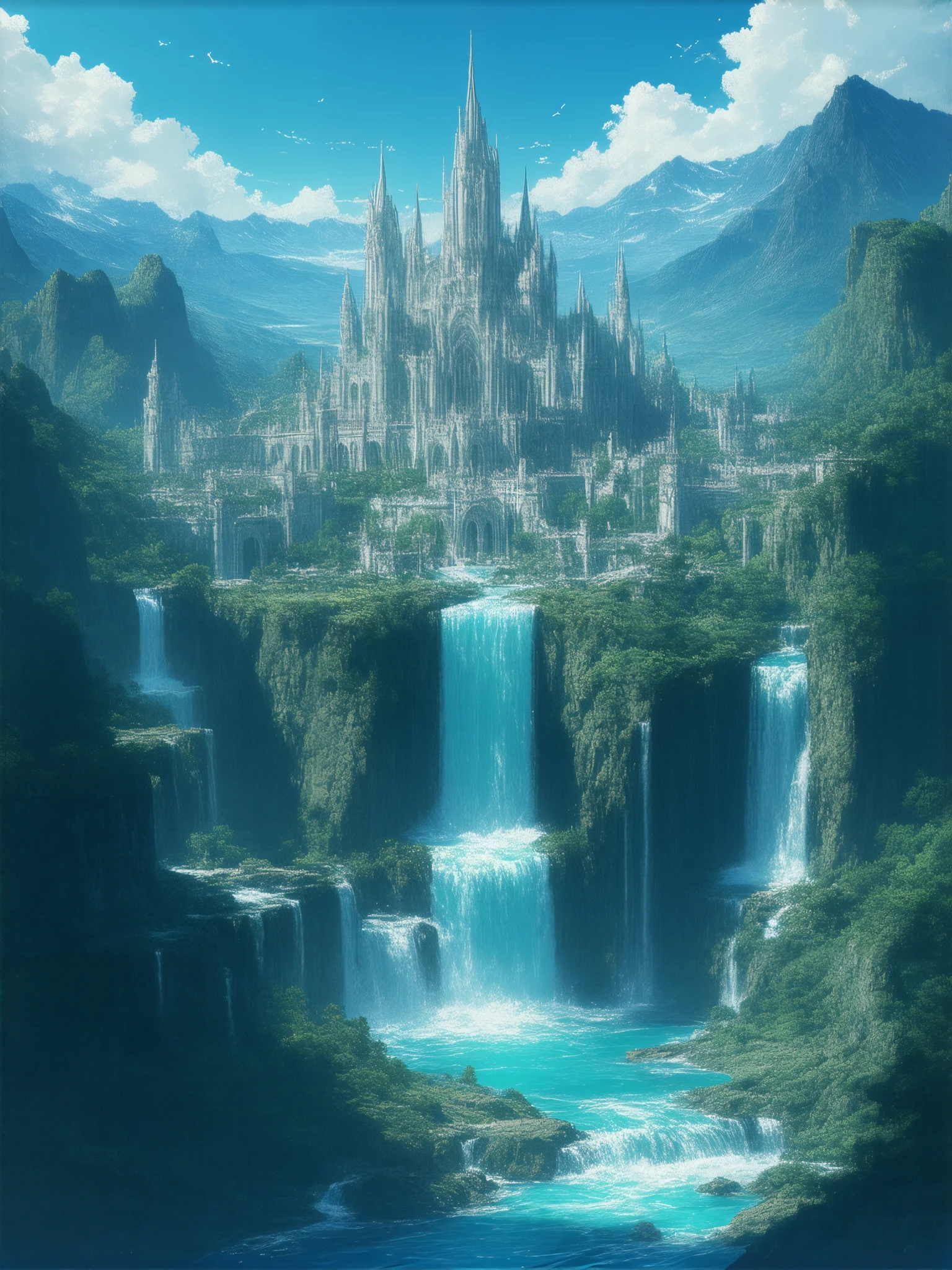 Final Fantasy Style , Takahashi Kazunari's masterpiece,  is expressed in every detail,  the citadel city built in the valley 、 the intense light blue mountain stream flow 、 the large waterfall that flows down the warning 、The church is in the center of the city 、 the ramparts surrounding the city 、 Fantasy、Clear Sky、