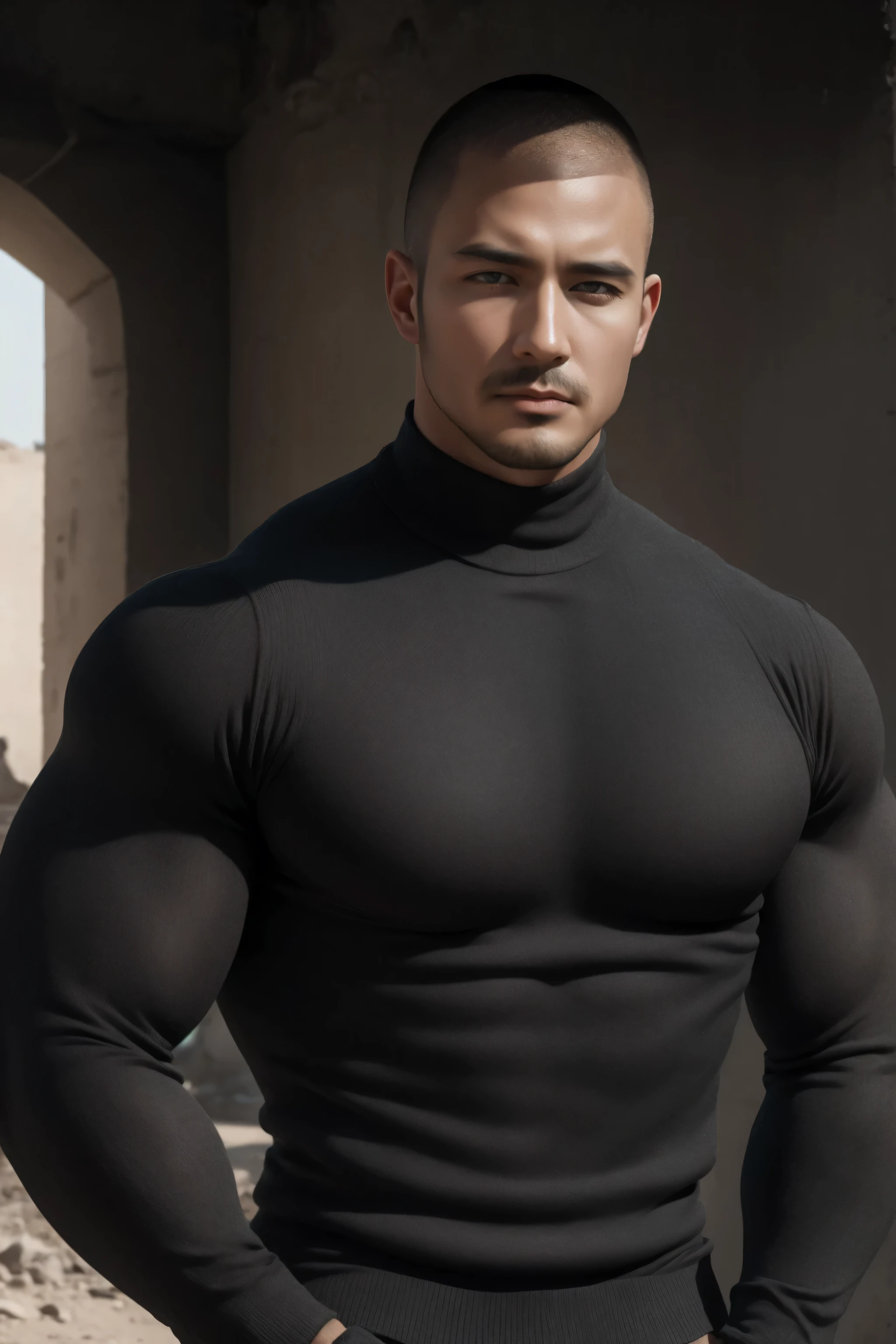 1个 Muscular man, buzz cut,Ruins in an abandoned city shining in the open sun , wearing a charcoal black long sleeve high neck men's tights, Soft and waxy texture of the sweater,He has a sad expression, Lift your chin, buzz cut,, thick thighs , wearing a charcoal black long sleeve high neck men's tights, Soft and waxy texture of the sweater,, Very tight, Regular symmetrical pattern, High Aimslight muscles, 警服裤, character concept (buzz cut Chris Redfield)He has a sad expression, Deep charming eyes, Heroic male pose, tall Burly, Muscular! Muscular thighs, Tough Guy, Perfect facial features, High Aims, Burly, Heqiang, Super exquisite and cool, High Aims Resolution Committee, Extraordinary Charm , The warm sun shines on his body,Make the texture of the clothes more perfect