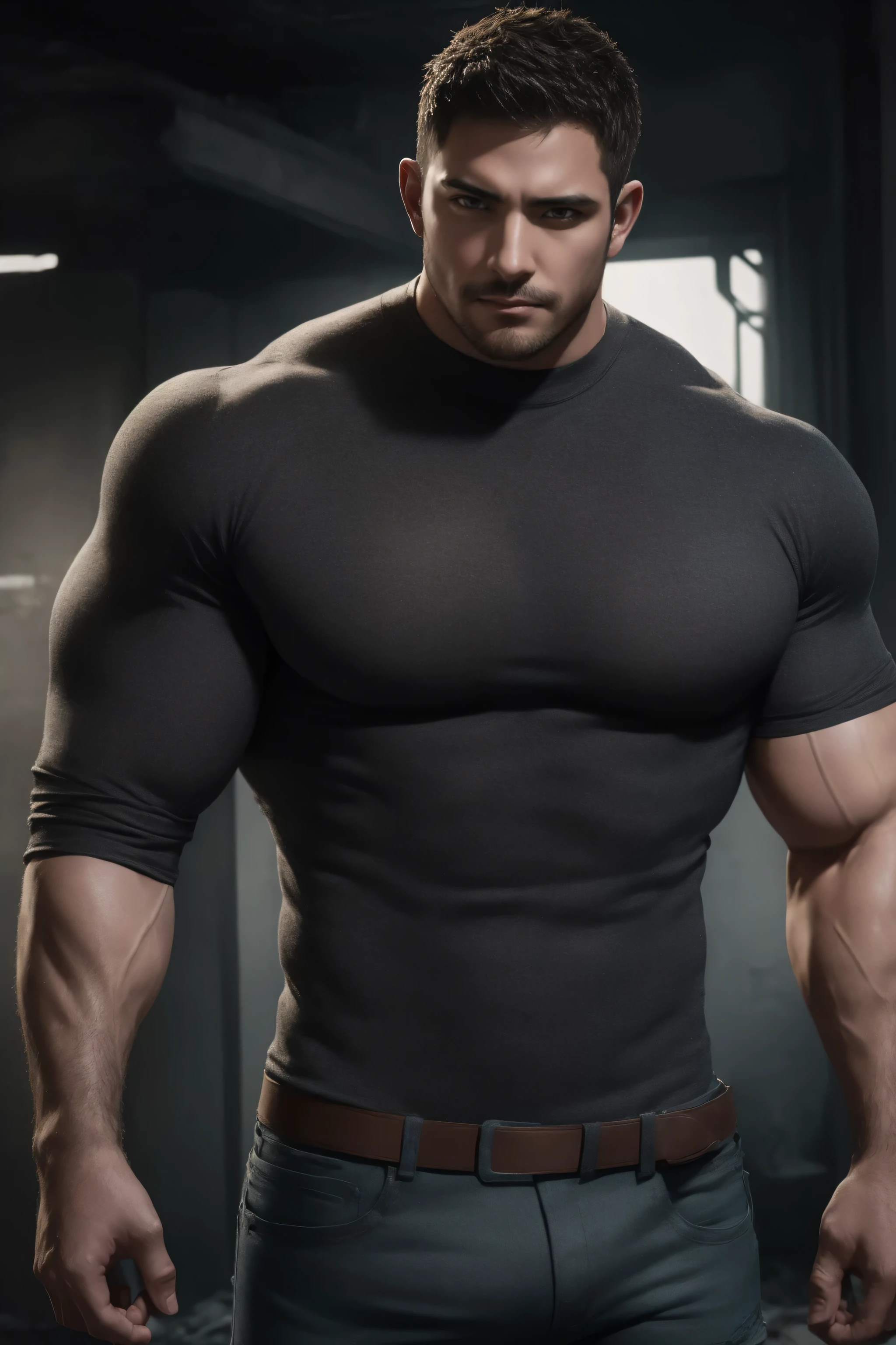 Man in pure white clothes standing in sunny forest, American round head, Buzz Cut, tall and burly, muscular male hero, heroic male pose, muscular! Wearing sunglasses, white spandex high-stretch tights, super buff and cool, high resolution committee, character design police, military boots, charismatic strong male with spandex high-elastic tights, sunlight shining through the gaps in the woods