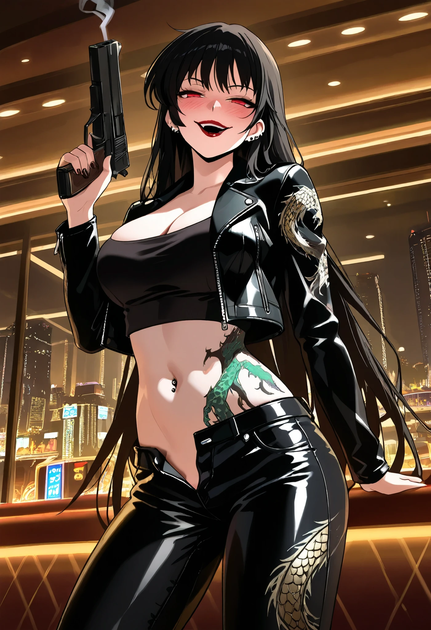 Moebius, red eyes, black hair, very long hair,  large breasts, , ear piercing, long hair, blush, lipstick,Hot girl, baddie, smoking, sensual, attractive ,bar background, inside bar,indoors, cityscape, casino, nightclub, city lights, masterpiece, best quality, highly detailed, a girls with a gun, evil smile , open mouth, sexy gaze, badass pose , evil smile, smile, (nsfw) not safe for work, guns blazing, anime girl with long hair, beautiful long haired girl, navel, evil expression, exposed belly, exposed navel, exposed midriff, exposed lower belly, long black pants, crop top, cleavage, unbuttoned leather pants ,open fly, low rise black leather pants, leather jacket, holding a gun, holding pistol, navel piercing, dragon print jacket, ,dragon tattoo, narrowed eyes, tattoo midriff,,, dragon tattoo, narrowed eyes, tattoo midriff,