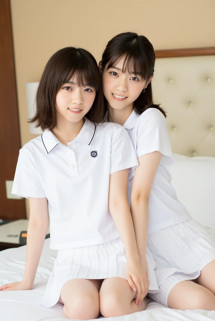 (Masterpiece, Best quality:1.3), (Ultra realistic, Photo-realistic:1.2), From above, From side, Natural light, 28 years old actress, Japanese 2 women, Neat and clean, (White tennis uniform, White short-sleeve polo shirt with darknavy line collar:1.1), (unbutton:1.3), (White tennis skirt:1.1), white sock, (short wavy hair:1.2), (Beautiful face), Oval face, clear, Beautiful eyes, Kind eyes, Clear skin, Small face, Beautiful mouth, Small mouth, Natural makeup, Approachable, (nsfw:1.2), Seductive smile, (Seductive pose:1.3), (Beautiful thighs:1.1), (Bedroom eyes:1.1), Embarrassed, Blush, Luxury hotel Suite room, On bed, Hidden camera installed in suite room captures obscene reality of school girls , (lesbian couple , petting together:1.1),