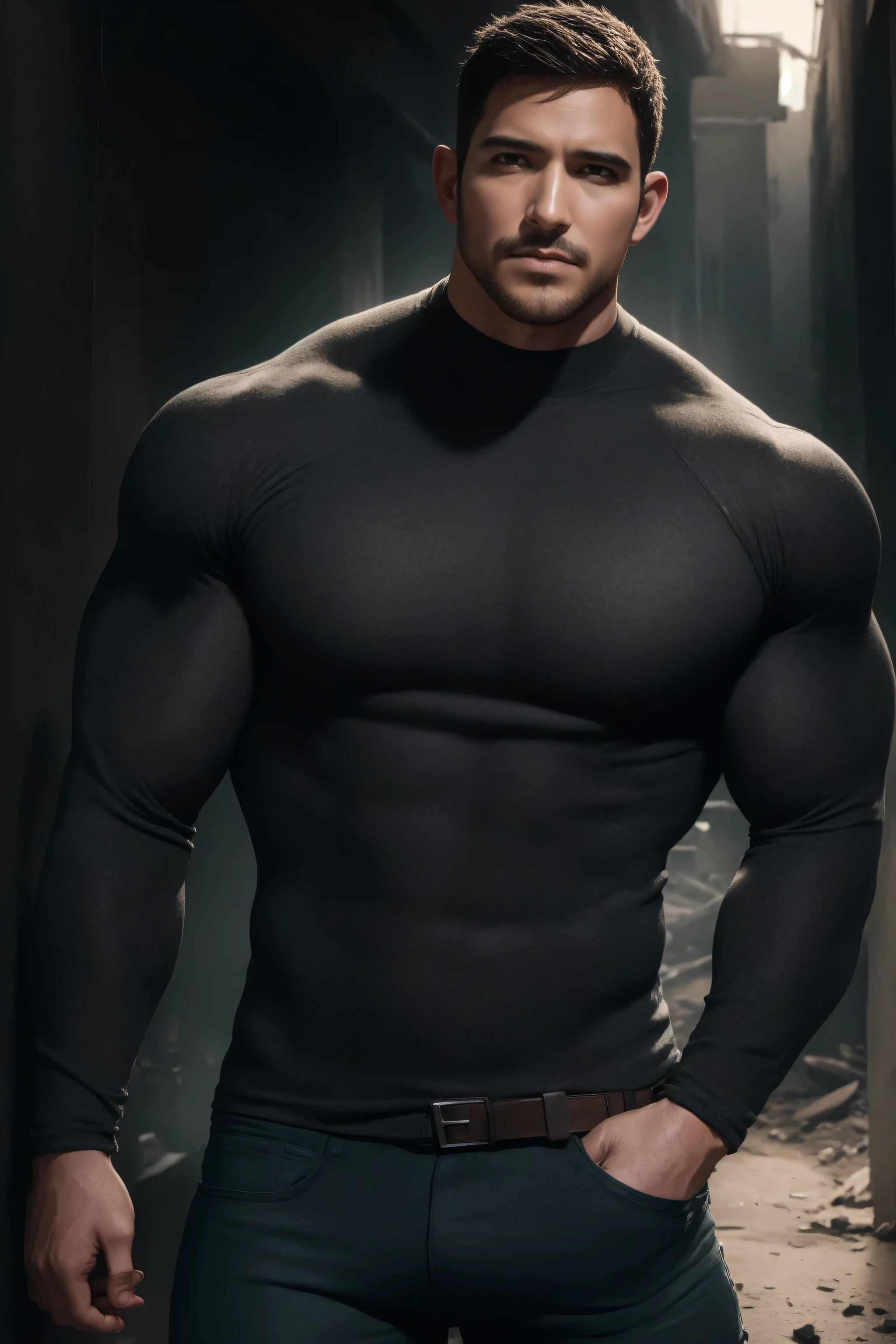 Top Quality, Photorealistic, 8K, High Definition, absurd res, high res, ultra sharp, masterpiece, (masterpiece), best quality, expressive eyes, perfect face, Super eyes, masterpiece, a muscular handsome god,black transparent clothes standing in a dark coven, mesh pants, half body, tall, pecs, facial details, detailed body part details, 8k wallpaper