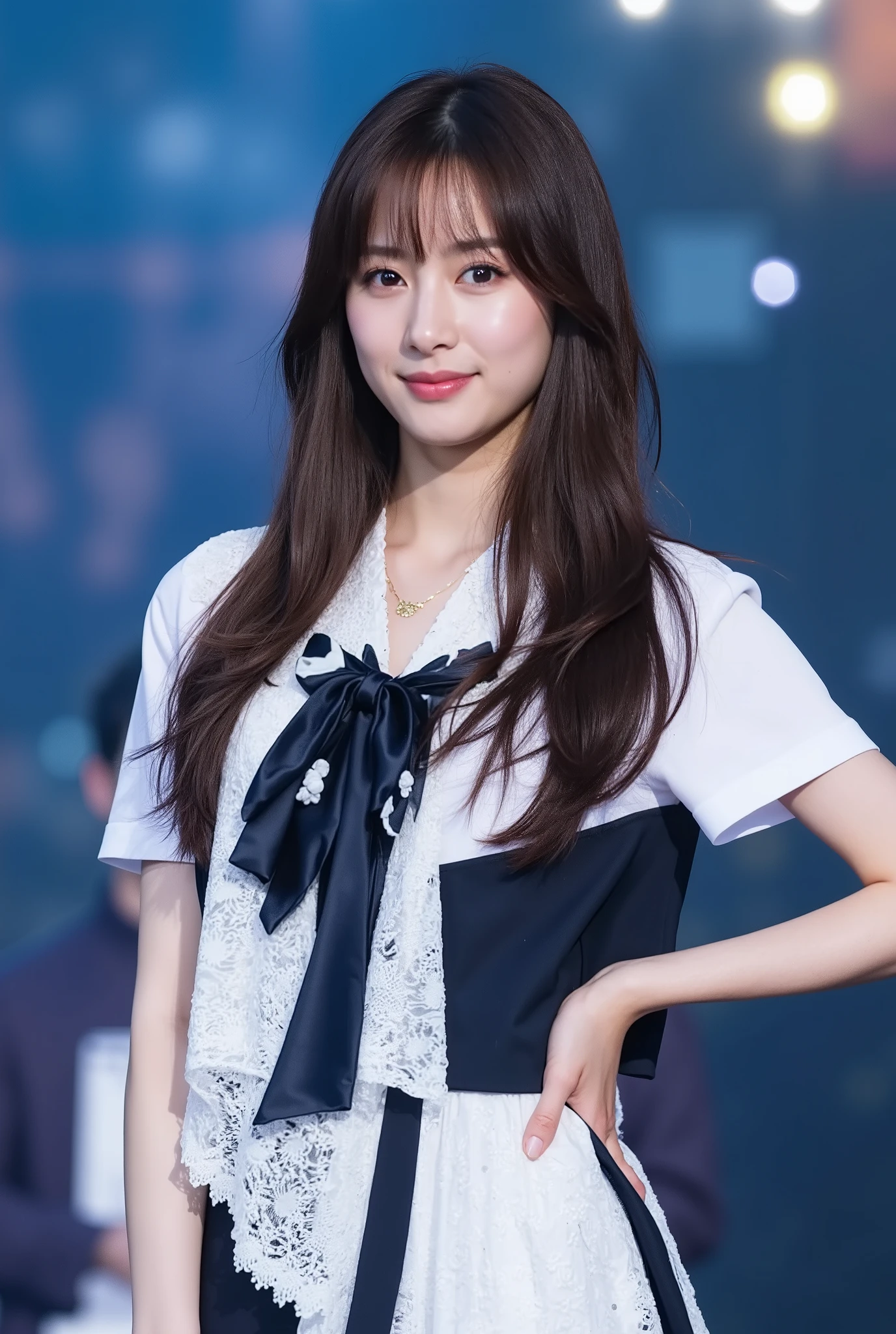 Create a stunning portrait of a beautiful K-pop idol. She is wearing a live performance outfit, showcasing her slender figure. Her medium-length hair flows elegantly as she stands confidently on the live stage.