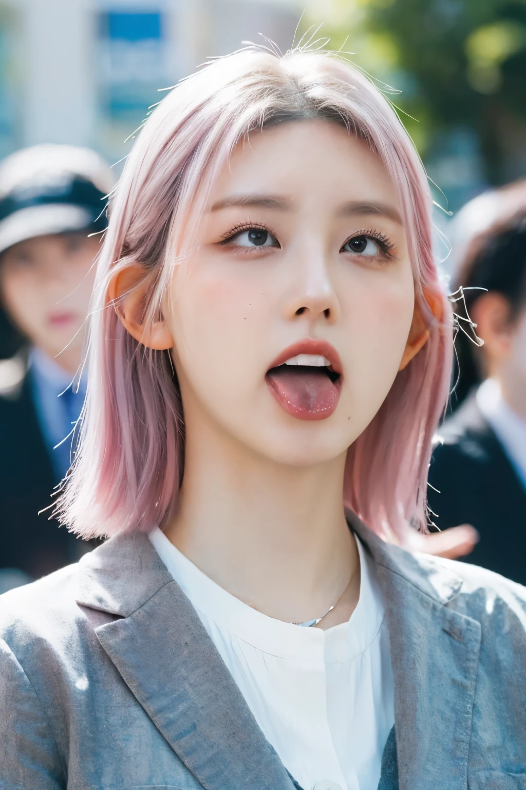 one woman, Japanese actress, (She opens her mouth wide:1.6),pink hair, she looks up at the sky, (POV:1.2), composition looking down on her, Composition of the camera shooting from above, On the bustling street, in the crowd , Close-up of face , masterpiece, highres, high-resolution, 8k,8k portrait , realistic, RAW photo, real person, portrait photography, photo realistic, detailed skin, (best quality, Ultra detailed: 1.2),