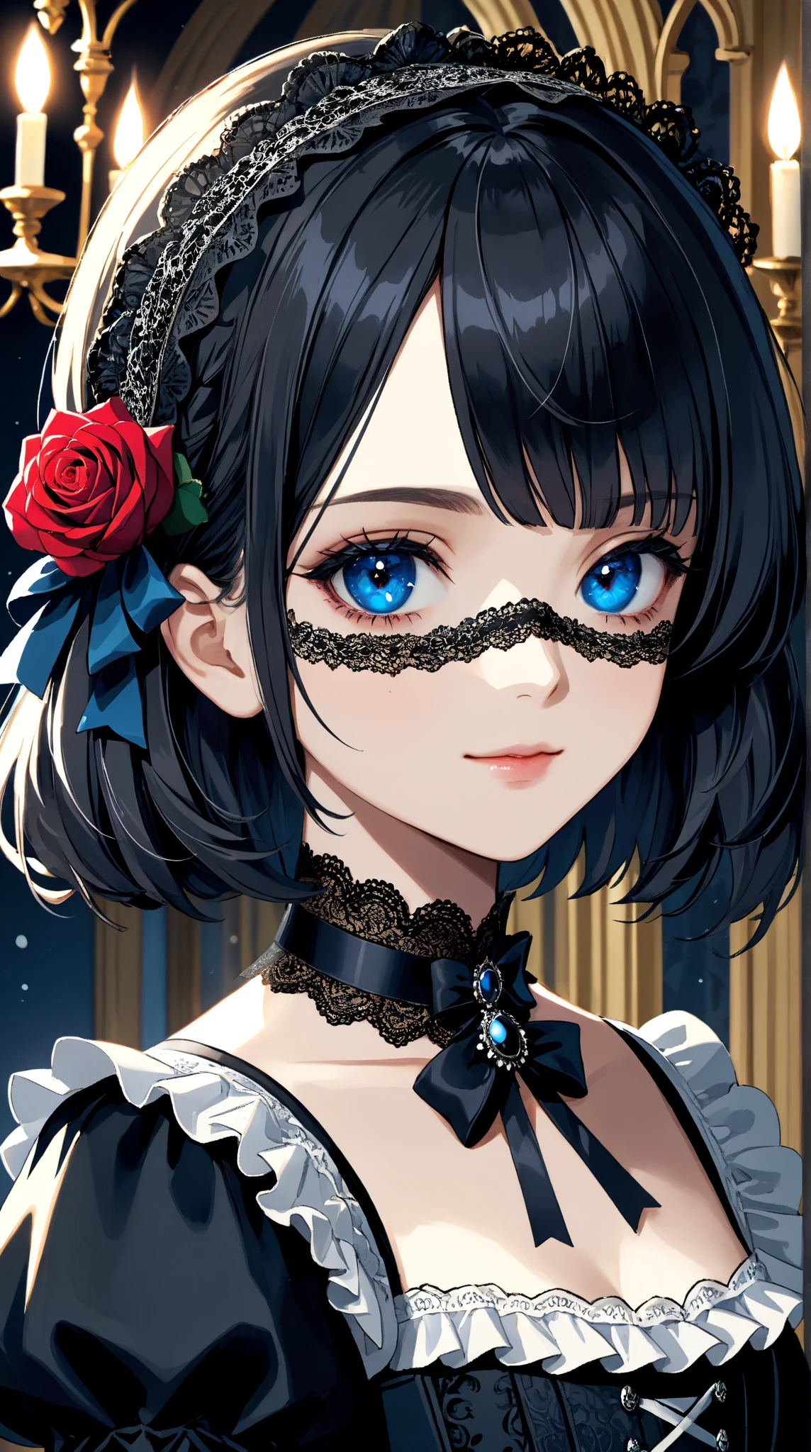 ((Extreme close-up, Face-focused portrait)) ((Extreme close-up, Face-focused portrait)) A gothic noble lady with a dark Victorian-style dress, featuring intricate lace, frills, and a black corset. She has wavy bob hair, wearing an elegant black eye patch over her right eye. A ribbon choker and long lace gloves add to her regal presence. Holding a delicate lace handkerchief or a red rose, she exudes a mysterious and aristocratic aura. Her deep blue eye shines with intelligence, and she has a slight smirk. Background: a grand, dimly lit Victorian mansion with a chandelier.