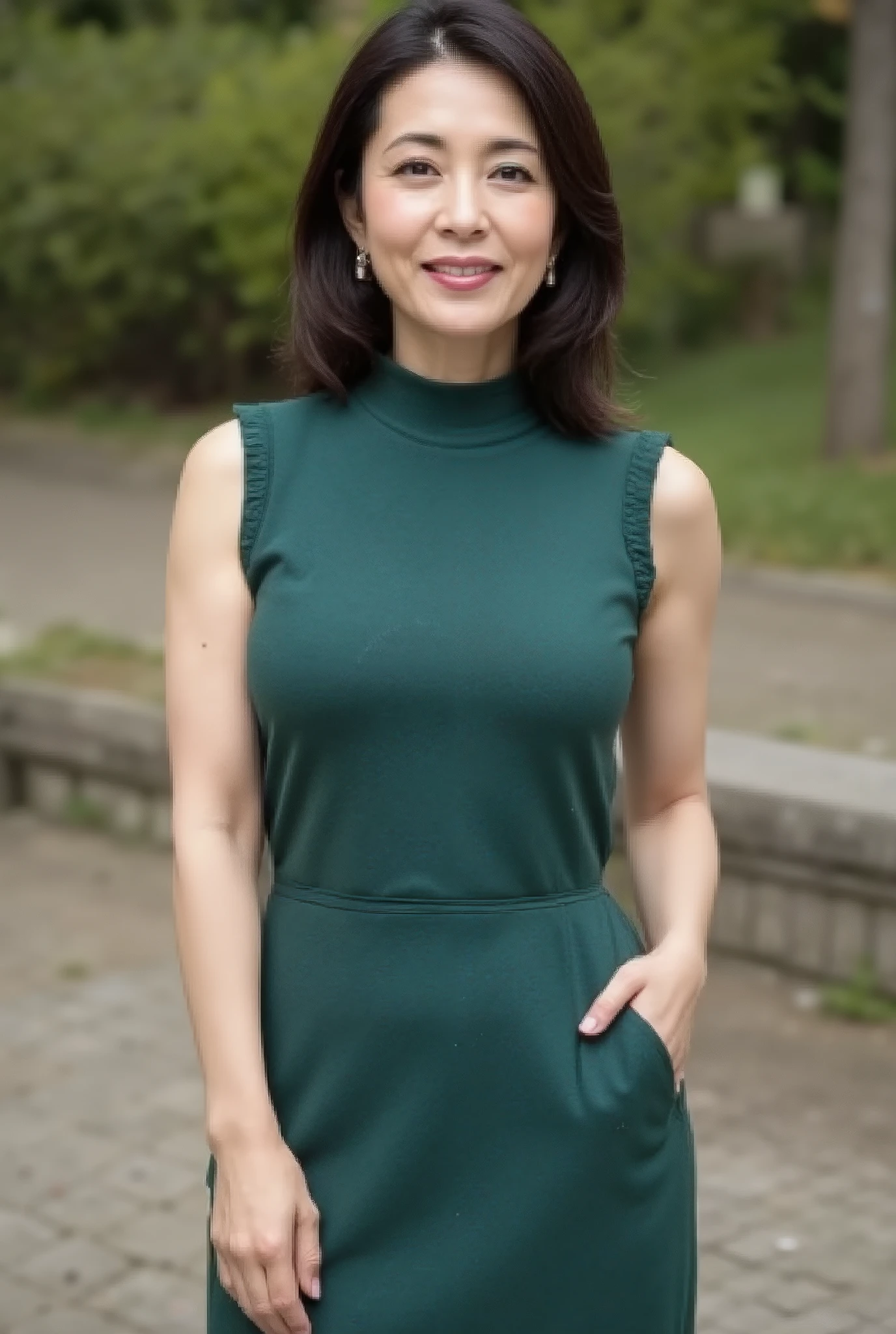  high image quality ,  masterpiece,  top quality。Beautiful middle-aged woman standing in a park (48 years old: 1.4), ( face), wavy dark hair ,Slender and long legs, fine laugh lines: 1.2, and a bewitching smile .   。 sharp facial details  ,  amazing beauty (Ultimate beauty),  It features 、 (lipstick: 1.1), ( eyeliner: 1.2),  mascara,  and eyeshadow .  model exudes elegance and confidence ,   large garden near  , photo by Nomi quality ( by Nomi: 1.2, hyper by Nomi: 1.1, photo by Nomi: 1.37),   Unmatched Beauty Live Venue,  and formal aesthetics   (1.4).   The image is rendered with sharp focus   (1.4),  allows depth of field,   and physical base rendering  .  Each fashion pattern has sophisticated seasonal styling, 。 The image exudes clarity and refinement  。Moss colored turtleneck sleeveless knit dress,  with makeup including a blurred abstract background 、  reflects quiet refinement .The face of motherhood。