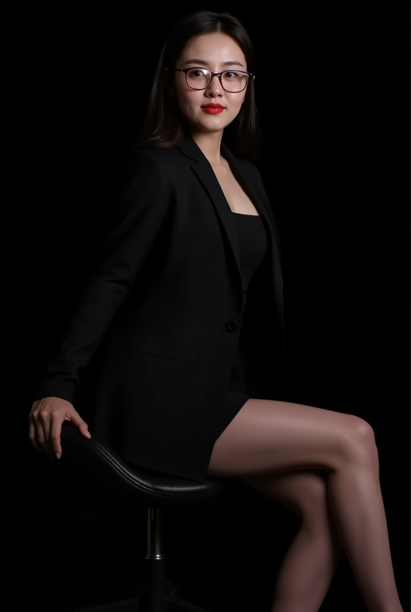 A highly detailed CGI rendering of a young Asian woman with a slender yet curvaceous figure, seated in a relaxed yet poised manner. She has long, straight black hair cascading over her shoulders, framing her fair face, which has a smooth texture that reflects light subtly. She wears a form-fitting black long-sleeved blazer that accentuates her prominent curves, paired with a short black skirt that highlights her long legs, covered in sheer black pantyhose. On her feet are high-heeled shoes with a metallic finish, adding a touch of glamour to her look. Her left arm rests casually on her thigh while her right arm drapes elegantly over the back of the chair. Her expression is calm and confident, complemented by a slight hint of a smile. She wears thin, round glasses, enhancing her sophisticated and intellectual appearance. The background is entirely black, creating a striking contrast that makes her figure and attire stand out prominently. Soft, diffused lighting surrounds her, casting a