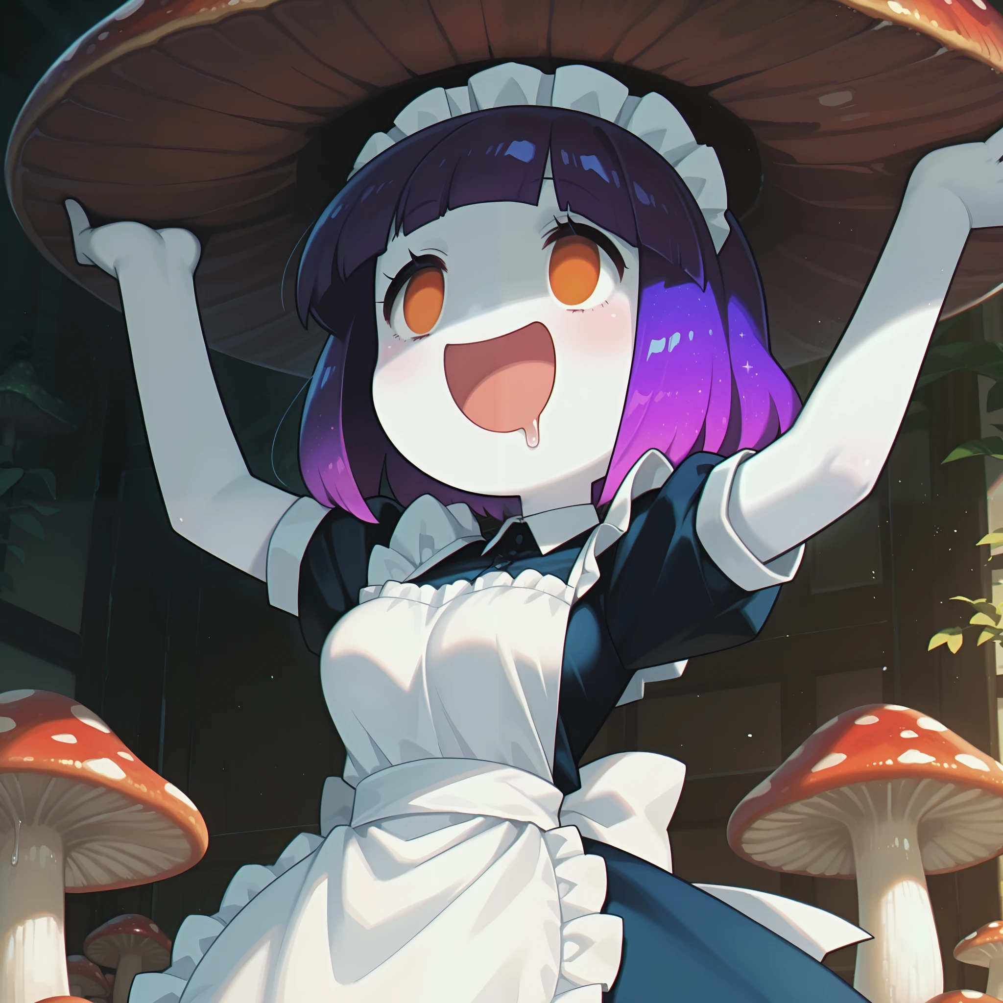 masterpiece, best quality, amazing quality, anime screencap. BREAK. 1girl, solo, apron, purple hair, maid, mushroom, orange eyes, short hair, maid headdress, open mouth, drooling, dress, smile, colored skin, short sleeves, white skin, saliva, maid apron, white apron, :d, no nose, pale skin, blue dress, breasts, personification, medium breasts, hands up, empty eyes
