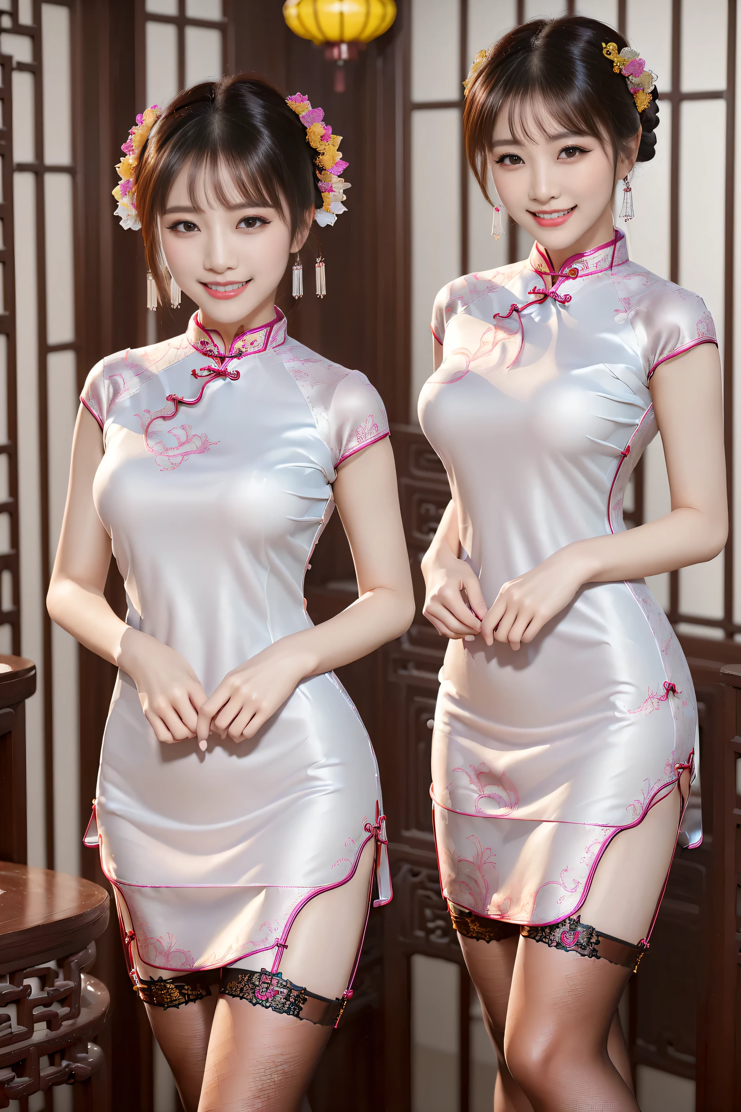 (ultra best quality、超A high resolution、8k、masterpiece:1.3)、Beautiful Women in Perfect Figure:1.4、、Black hair、((Cheongsam in fishnet stockings))、((((((No background)))))、kawaii、extremely detailed face and skin、Detailed eye、Double eyelids、Skinny Legs、erotic、The best smile、(((1a person)))、(Hands folded behind your back)、((The whole body is in the viewer))、The best smile、Extraordinary beauty、Age is s、Facing the front、perfectly proportions、((Cheongsam with dragon design))、Widened slit、length hair、good,