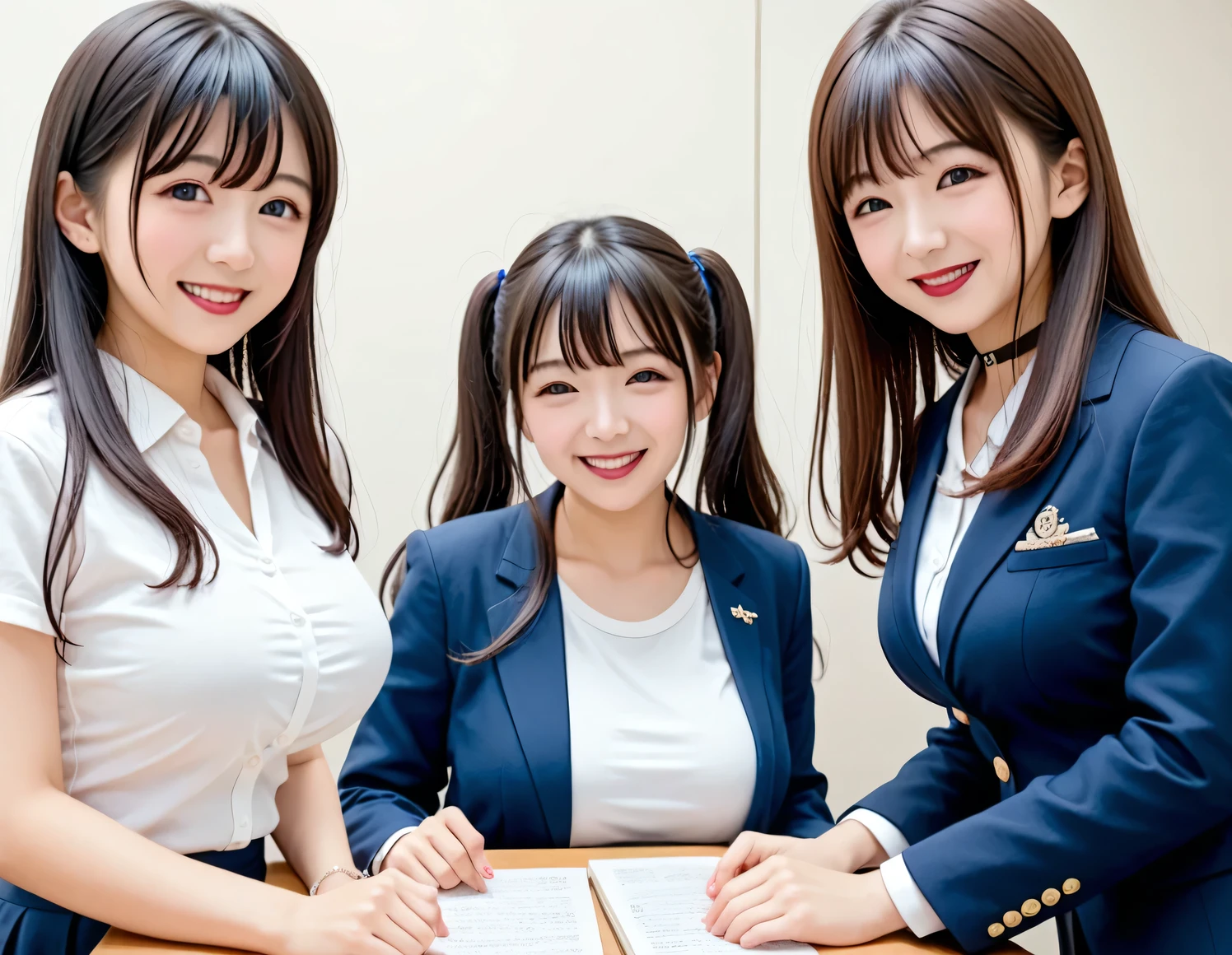 score_8up , score_9, Group Photos, SF, horror, Group photo, beautiful 女の子たち who are relative, Submissive woman, happy expression , (( white tight shirt、 Navy Blue Blazer )), Orthodox clothing, announcer、 adorable by design, smile, Slim face, has a slim body,Tentaclesになった腕, 体からTentaclesがはえる, straight long hair , brown hair, sexy, perfect hand, black choker、 blue contact lenses 、bangs、Very thick and long eyelashes、(( big breasted)), Big Breasts, red lipstick, anatomically accurate, Meeting Room, During a meeting,Manuscript on the table、 announcer、Tentacles, Mucus、semen
