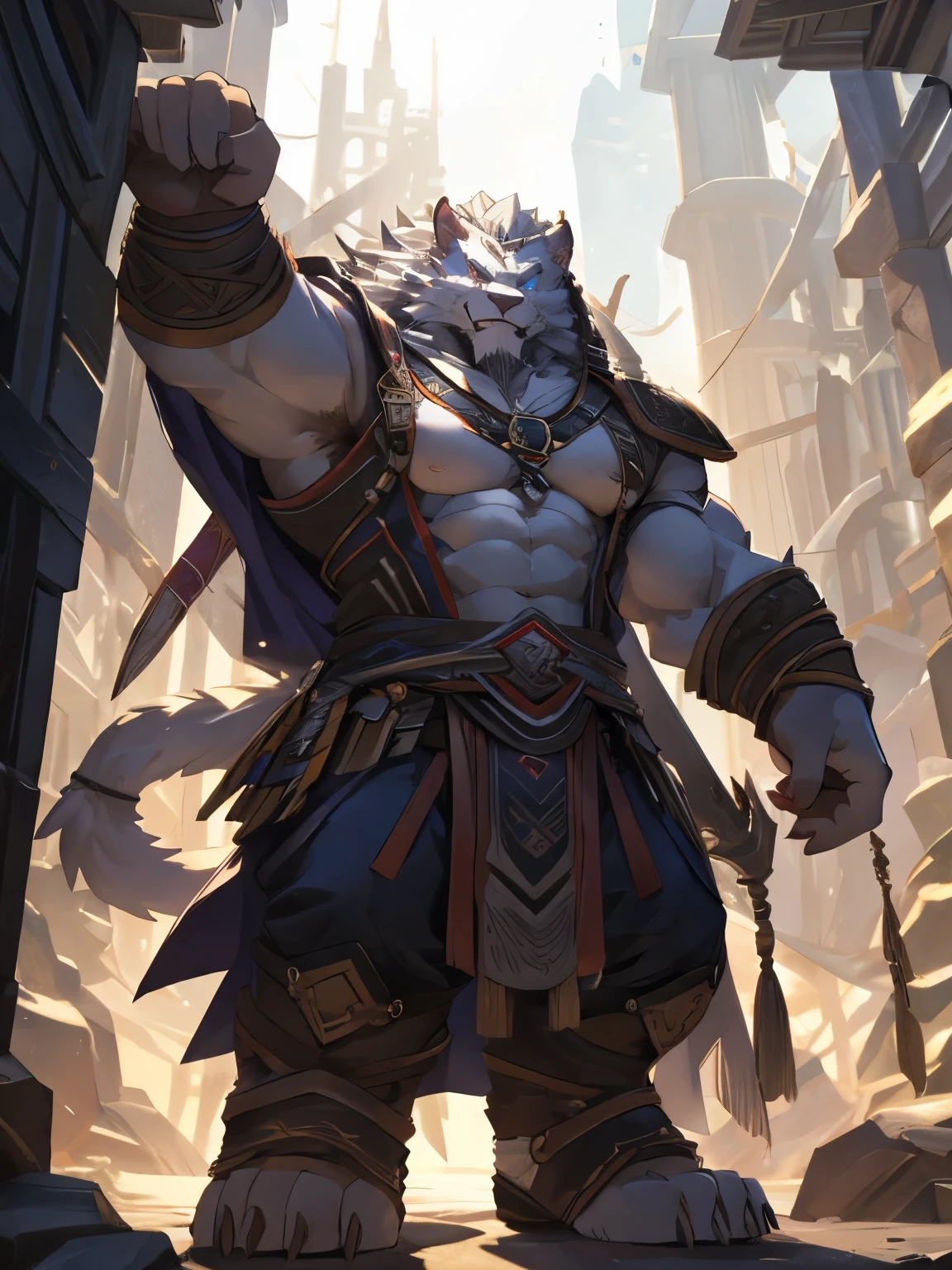Single,  high resolution,  high resolution,  masterpiece,  details, furry，Rengar，white fur，Volumetric lighting，huge body, long legs, long arms, broad shoulders,