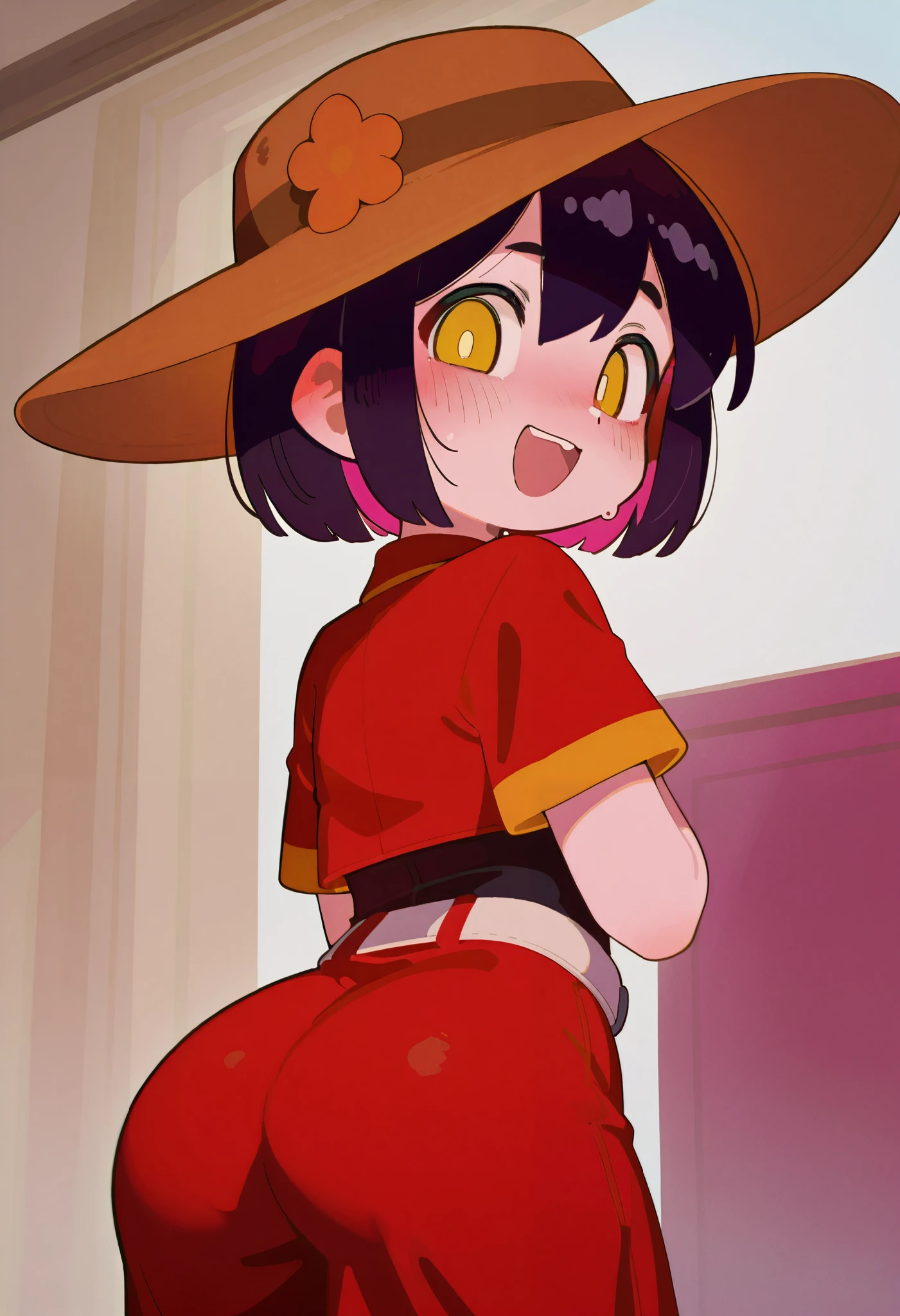Super beautiful black short hair girl., defined body, Wide hips, half  , big butt, mini belt, looking at the viewer, red top, mini short, brown hat, excited face, blushing, Alkemanubis, Opossumachine style, Mizumizuni, Massakasama