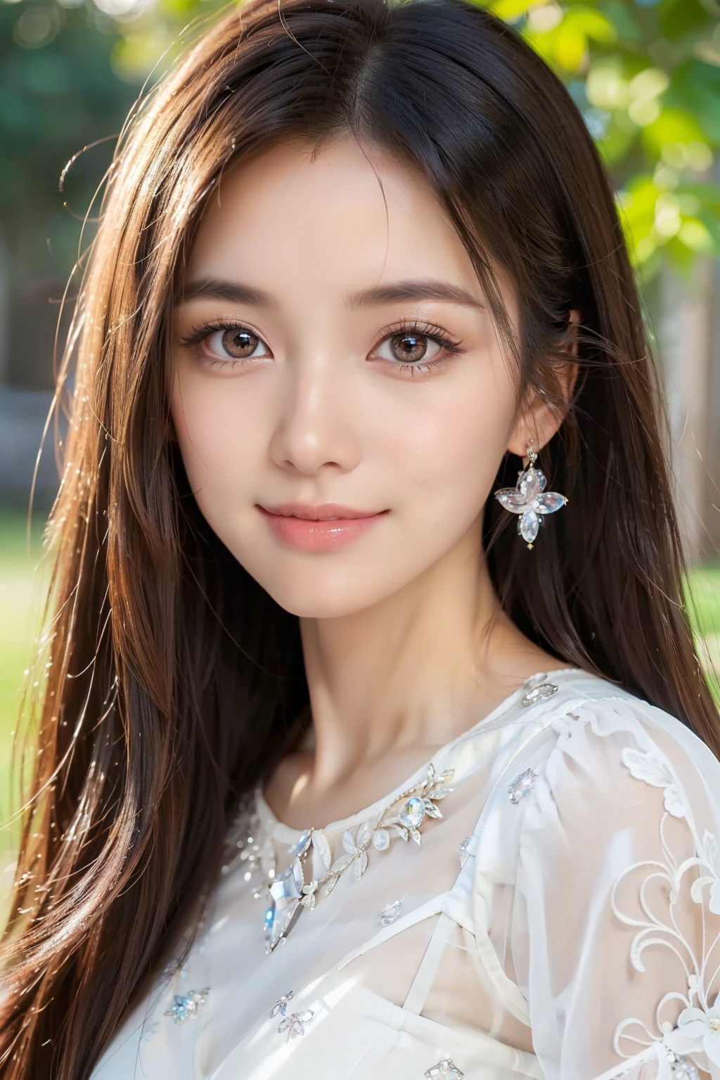 (Very beautiful pretty girl), (very pretty face:1.2),, (sparking crystal clear attractive large eyes:1.1), best looks, Beautiful detailed eyes, Detailed double eyelids, (smiling), (realistic photograph:1.2), long straight hair