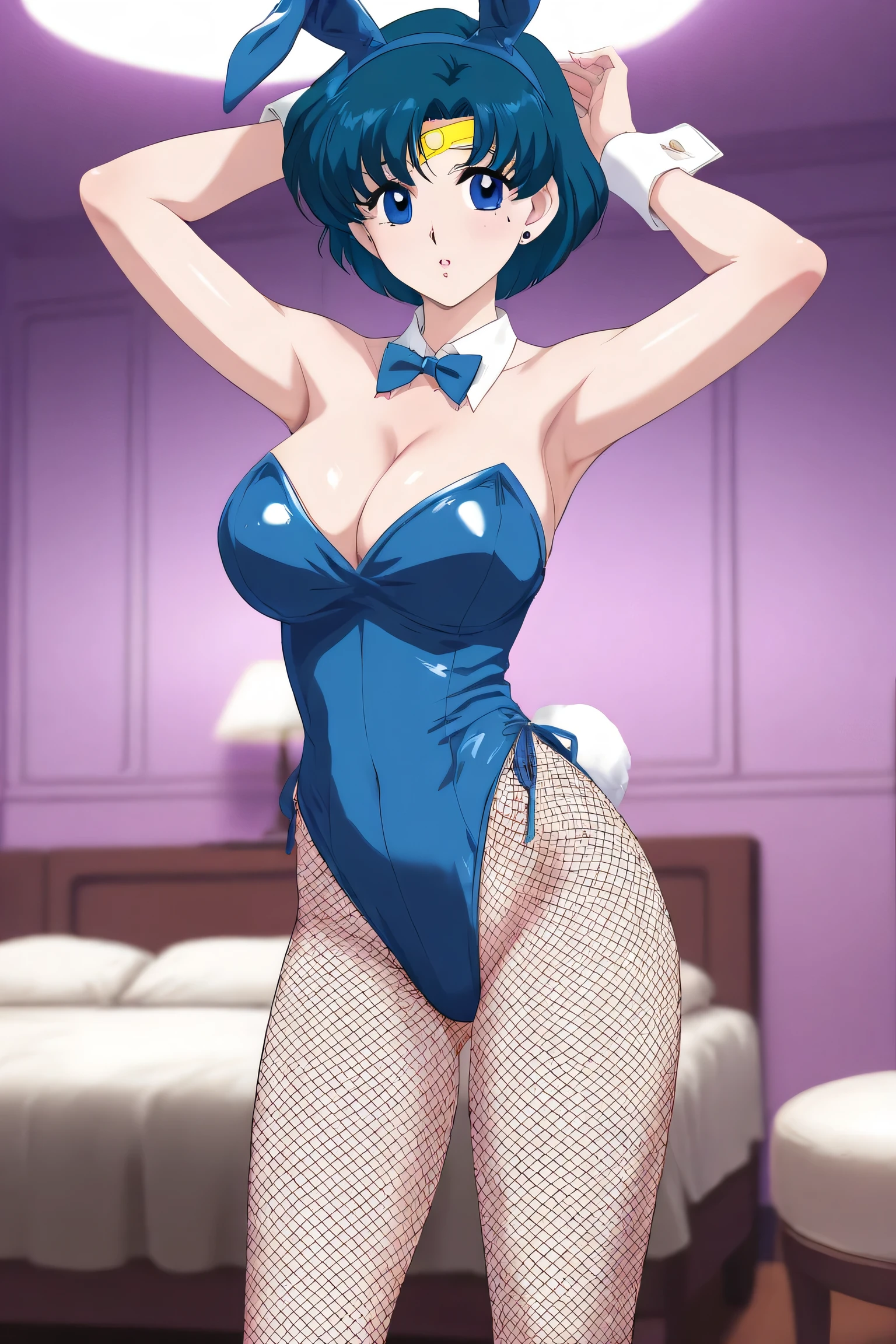 JUVIAGMG, blue hair ,blue dress, long dress, strapless dress, backless dress, long white elbow gloves, smile, light red lipstick, dark purple eye shadow, makeup, black choker, cowboy shot
