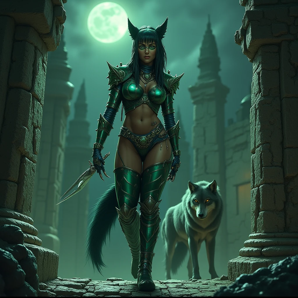 - Main Character, Adult Female "Lesotho", Beautiful, Tall, Long Legs, Wolf Ears and Tail (wearing Piercings), dreadlocks, glasses (Clear Green).
- Wearing a costume ("Full Sexy Armor").
Chest and Thigh Armor are slightly open.
Futuristic Costume Design.
- Sexy and Athletic Body.
Perfect curves, big breasts, flat and slim stomach, wide hips, big buttocks. Full of traditional tattoos that are very clearly visible.
- High heels are very detailed, hand guards are very detailed, Armor protects knees and elbows.
Weapons in the form of Large Gloves with Claws.
Magic circle full of magic pattern images glowing.
The whole body is covered in Cosmic Energy.
- Costume is dominated by Sacramento color with Jade color combination.
- Pose: Standing on the roof of a ruined Temple while raising one hand and showing off sharp claws.
A Gray Mutated Wolf follows beside her.
Ruined Temple, quiet and silent.
Night, Moonlight, humid, mist Mystical.
"FANTASY"