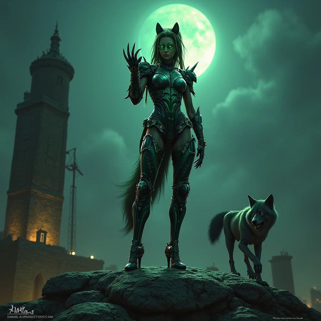 - Main Character, Adult Female "Lesotho", Beautiful, Tall, Long Legs, Wolf Ears and Tail (wearing Piercings), dreadlocks, glasses (Clear Green).
- Wearing a costume ("Full Sexy Armor").
Chest and Thigh Armor are slightly open.
Futuristic Costume Design.
- Sexy and Athletic Body.
Perfect curves, big breasts, flat and slim stomach, wide hips, big buttocks. Full of traditional tattoos that are very clearly visible.
- High heels are very detailed, hand guards are very detailed, Armor protects knees and elbows.
Weapons in the form of Large Gloves with Claws.
Magic circle full of magic pattern images glowing.
The whole body is covered in Cosmic Energy.
- Costume is dominated by Sacramento color with Jade color combination.
- Pose: Standing on the roof of a ruined Temple while raising one hand and showing off sharp claws.
A Gray Mutated Wolf follows beside her.
Ruined Temple, quiet and silent.
Night, Moonlight, humid, mist Mystical.
"FANTASY"