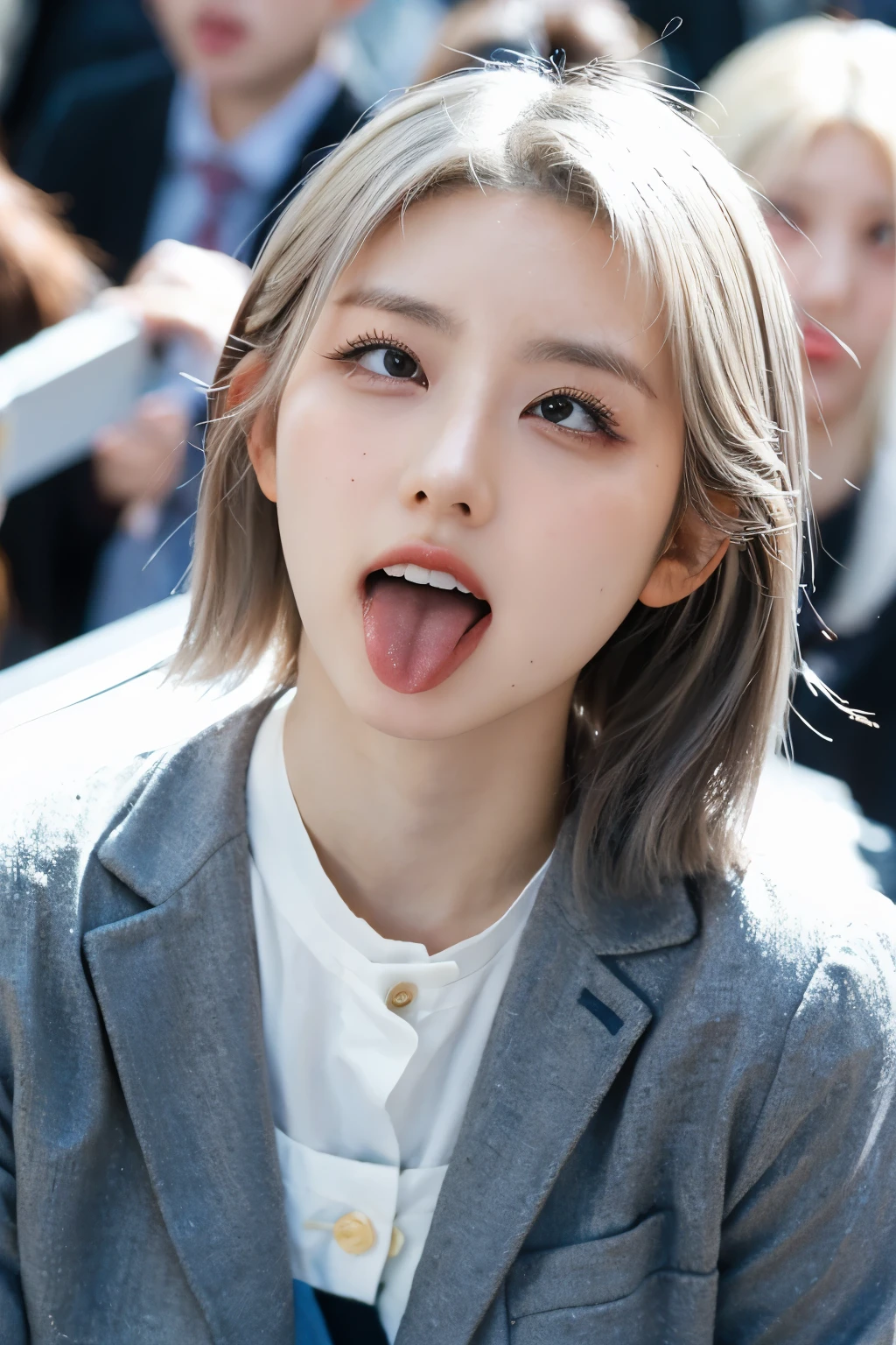 one woman, Japanese actress, (She opens her mouth wide:1.6),blonde hair, she looks up at the sky, (POV:1.2), composition looking down on her, Composition of the camera shooting from above, Surrounded by fans, On the bustling street, in the crowd , Close-up of face , masterpiece, highres, high-resolution, 8k,8k portrait , realistic, RAW photo, real person, portrait photography, photo realistic, detailed skin, (best quality, Ultra detailed: 1.2),