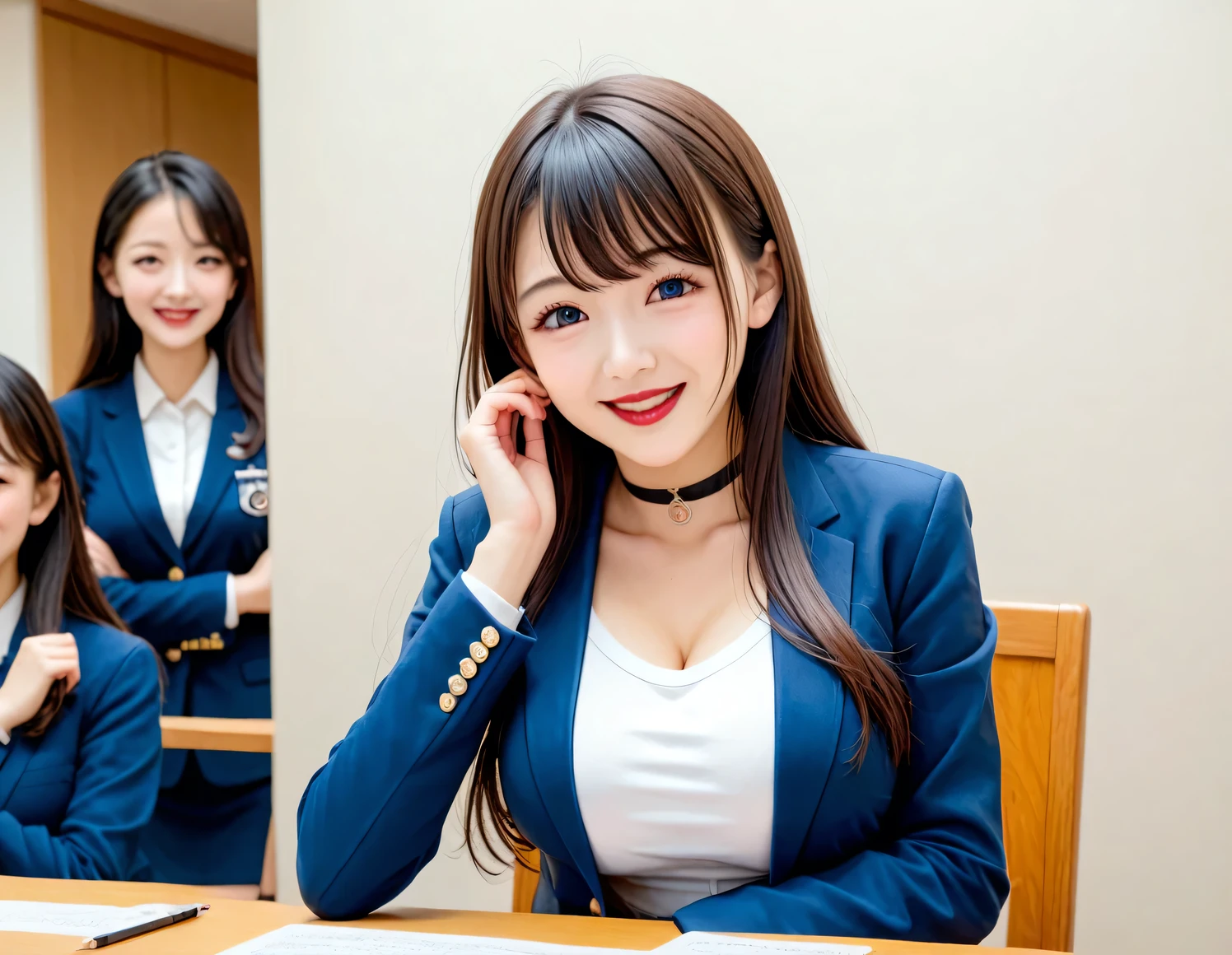  score_8up ,  score_9,  Group Photos, SF,  horror, Group photo, beautiful たち who are relative, Submissive woman,  happy expression , (( white tight shirt、  Navy Blue Blazer )), Orthodox clothing,  announcer、 adorable by design， smile， Slim face,  has a slim body，Tentaclesになった腕, 体からTentaclesがはえる,  straight long hair ,  brown hair,  sexy,  perfect hand，  black choker、 blue contact lenses 、bangs、Very thick and long eyelashes、(( big breasted)), Big Breasts,  red lipstick,  anatomically accurate, Meeting Room, During a meeting，Manuscript on the table、 announcer、Tentacles, Mucus、semen 