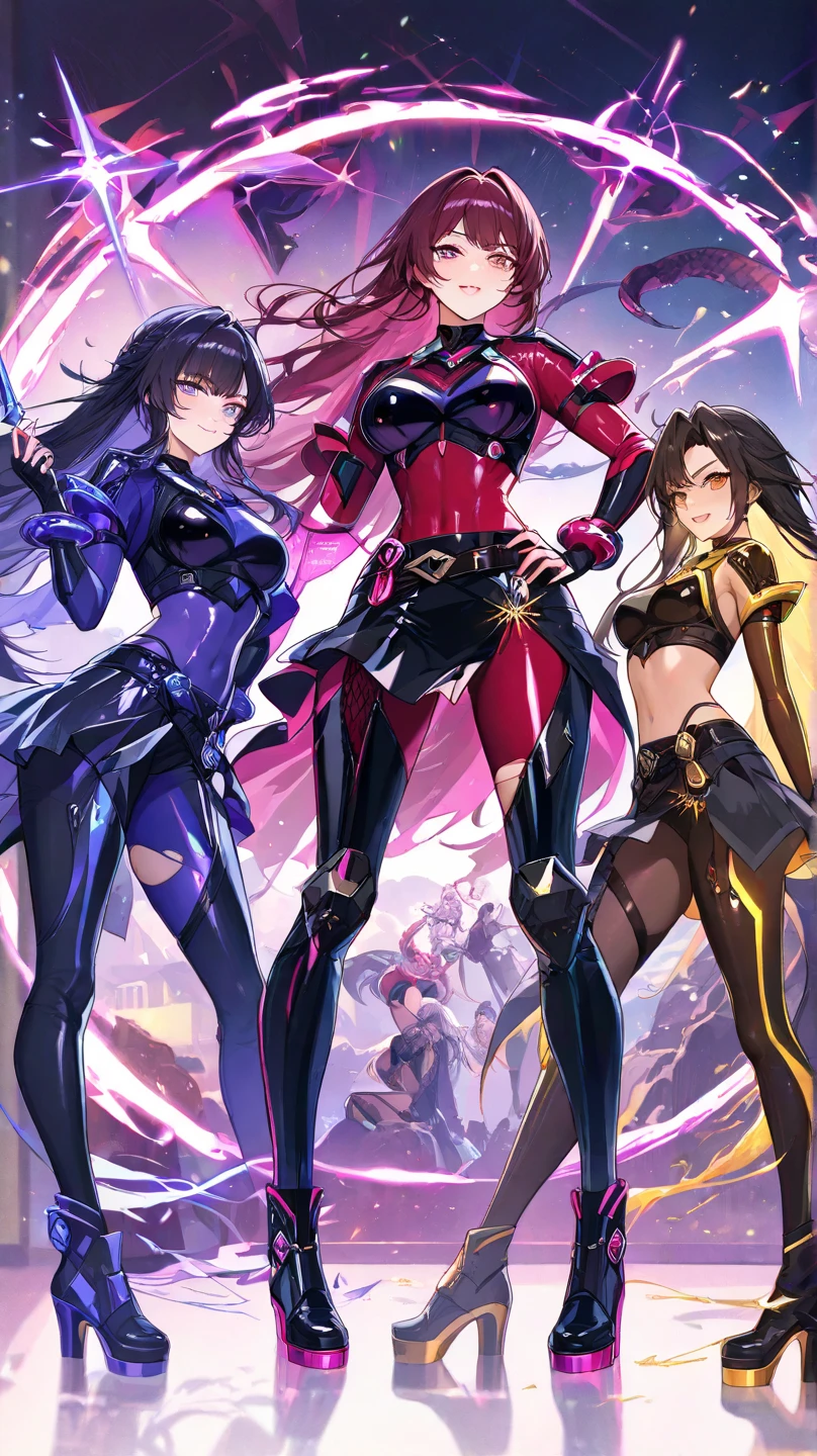 (1girl, purple hair, short hair, spiral eyes, angry, clenched teeth) (digital) (looking at viewer) (upper body) (standing), (Dark Purple Sparkling Forest background), (short skirt)) , best quality, pointy ears, colored skin, blue skin, glowing, cleavage, armor, Purple armor, gold trim, navel, voidelf, twoheads, conjoined_dicephalus,