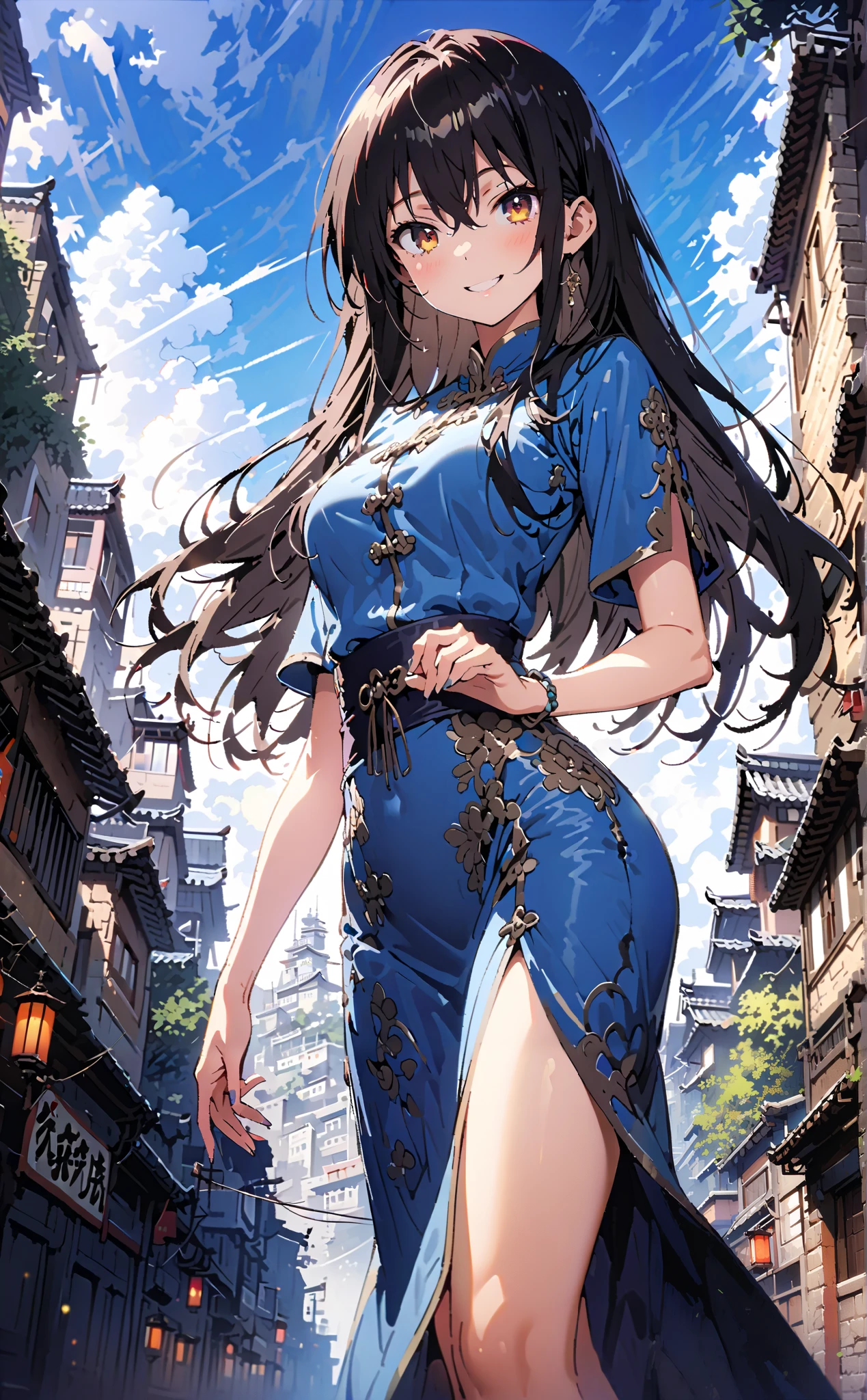 highest quality、All limbs、full finger、((one beautiful woman))、Beautiful busty woman、long hair、((brown haired woman))、(((Blue cheongsam:1.5)))、slit、blue leotard panties、((brown pantyhose))、white boots、Chinatown、big smile、Street Fighter、hands on hips