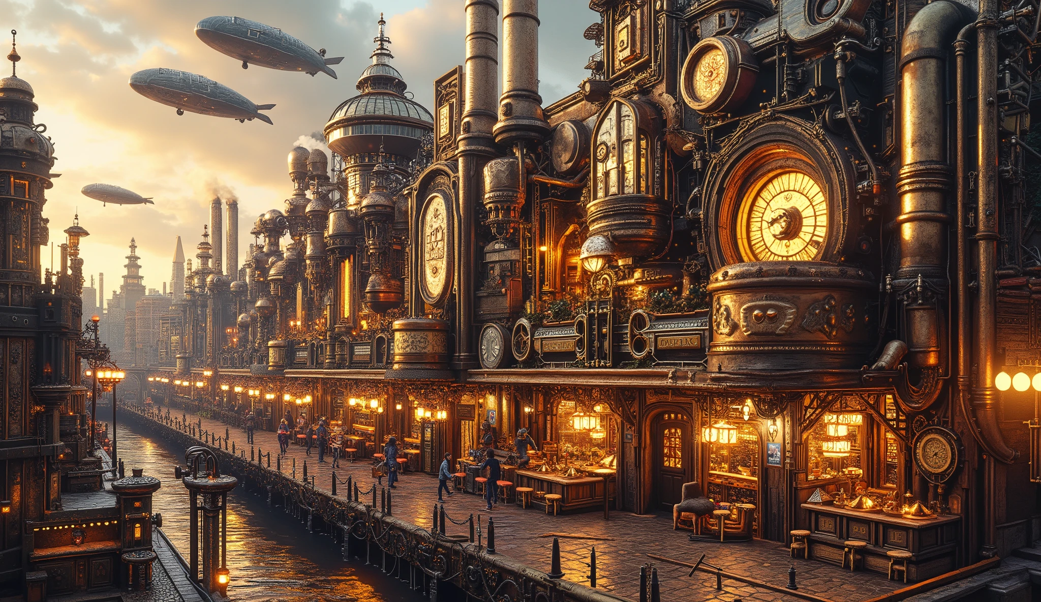 A grand steampunk city at dusk, bathed in warm golden and silvery hues. The skyline is dominated by towering Victorian-style buildings adorned with intricate mechanical gears, glowing neon signs, and polished brass accents. Airships drift lazily through the sky, their hulls gleaming with golden reflections. Steam vents release shimmering vapor into the air, blending with the foggy atmosphere. The streets below are alive with glowing lanterns and bustling activity, creating a cinematic and highly detailed retro-futuristic scene.
