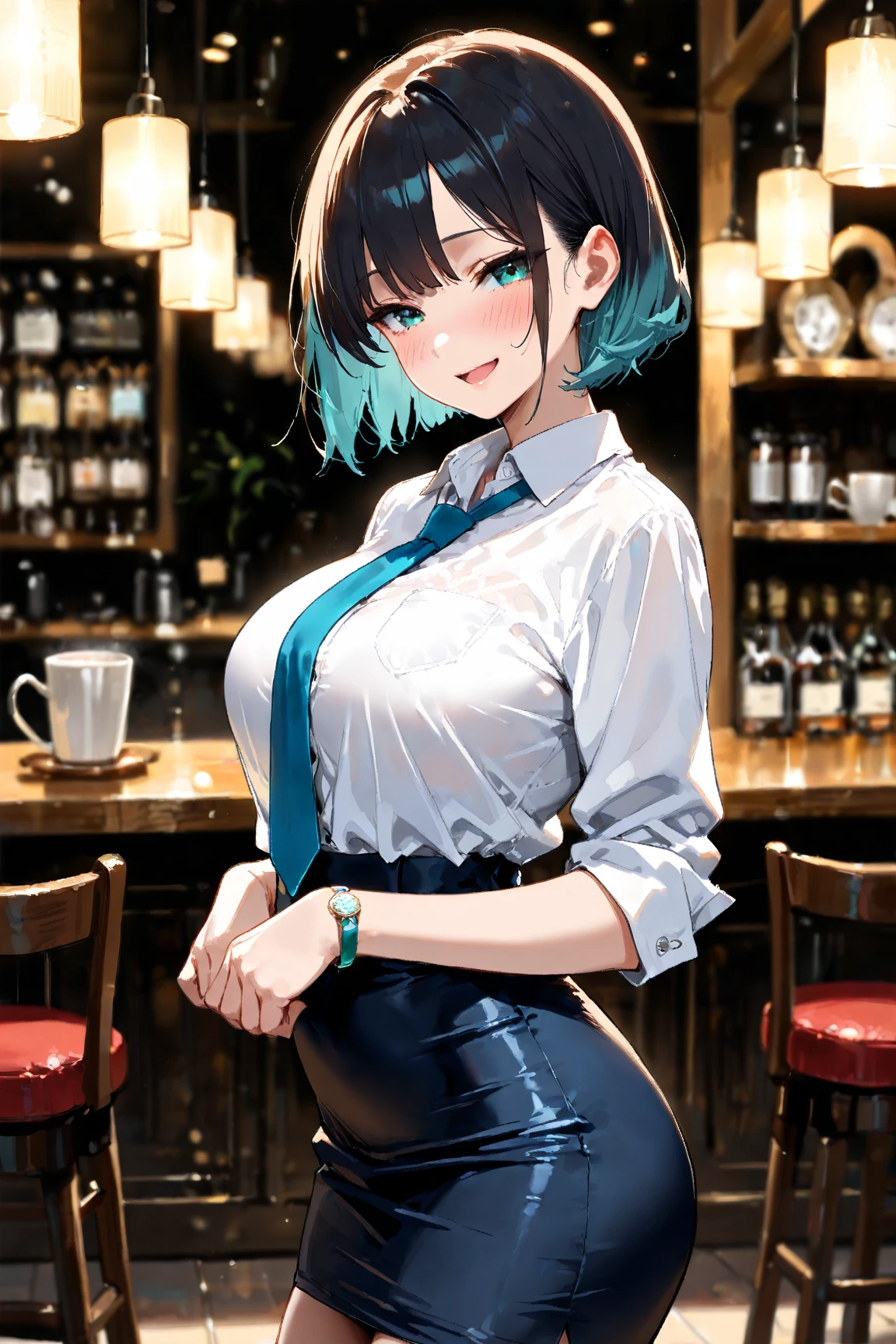 (Five Fingers, Four fingers and thumb), Professional Lighting, Highest quality, Tabletop, 超detailed, ((masterpiece)),(Highest quality),(detailed),(One girl), Blue Hair, Glowing blue eyes, Updo, White shirt, Black Skirt, Looking down at the viewer, ((((front open shirt)))) perfect nipple,nsfw, perfect body,,ultra-detailed,high resolution,extremely detailed CG,unity 8k wallpaper,official art,production art,novel illustration,by famous artist,caustics,textile shading,((super detailed skin))(((family restaurant))) sit chair,Challenge