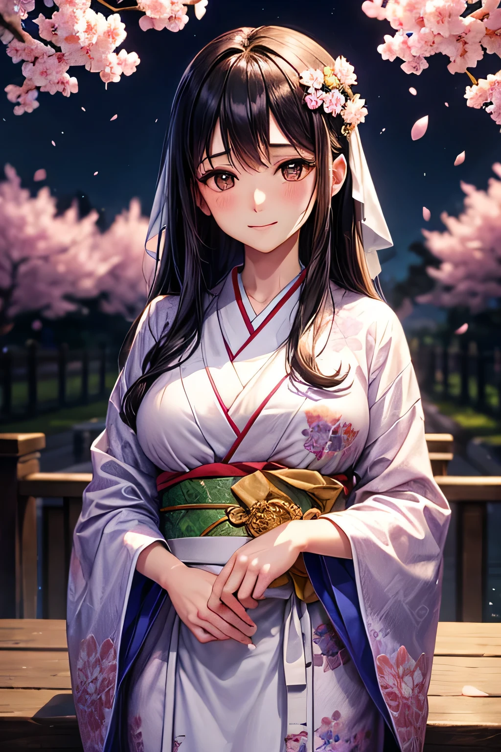Anime girl in kimono outfit standing under cherry blossoms - SeaArt AI