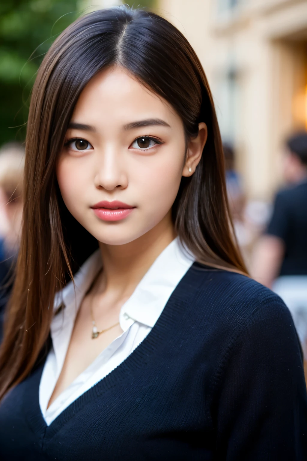 highest quality, figure, super detailed, finely, High resolution, 8k wallpaper, 完璧なダイナミックな構figure, beautiful skin, Big eyes that shine like jewels, (18 year old beautiful girl:1.6), natural color lip, random sexy poses, Chest middle, smile, Highly detailed face and skin texture, Detailed eyes, Double eyelid,leaking teeth and laughing, close-up, Brown hair medium hair, (black suit:1.2), In town