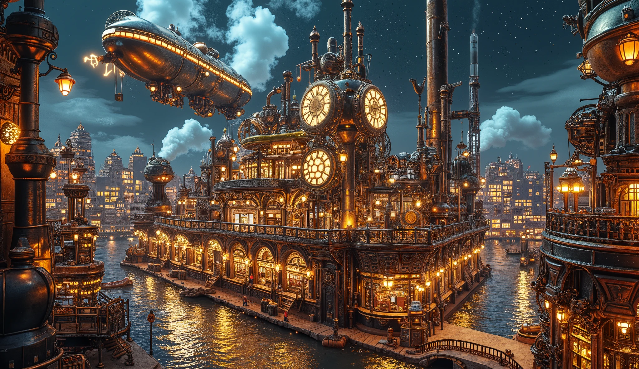 A majestic steampunk metropolis under a starry night sky, glowing with radiant gold and silver tones. The city is filled with towering Victorian-style buildings featuring intricate brass and copper details, illuminated by glowing neon lights and steam-powered lanterns. Massive airships hover above the skyline, their golden hulls reflecting the city's brilliance. Steam rises from pipes and smokestacks, creating a swirling mist that adds depth and mystery to the scene. Cinematic lighting highlights the luxurious textures and metallic sheen of the architecture, resulting in a vibrant and immersive composition.