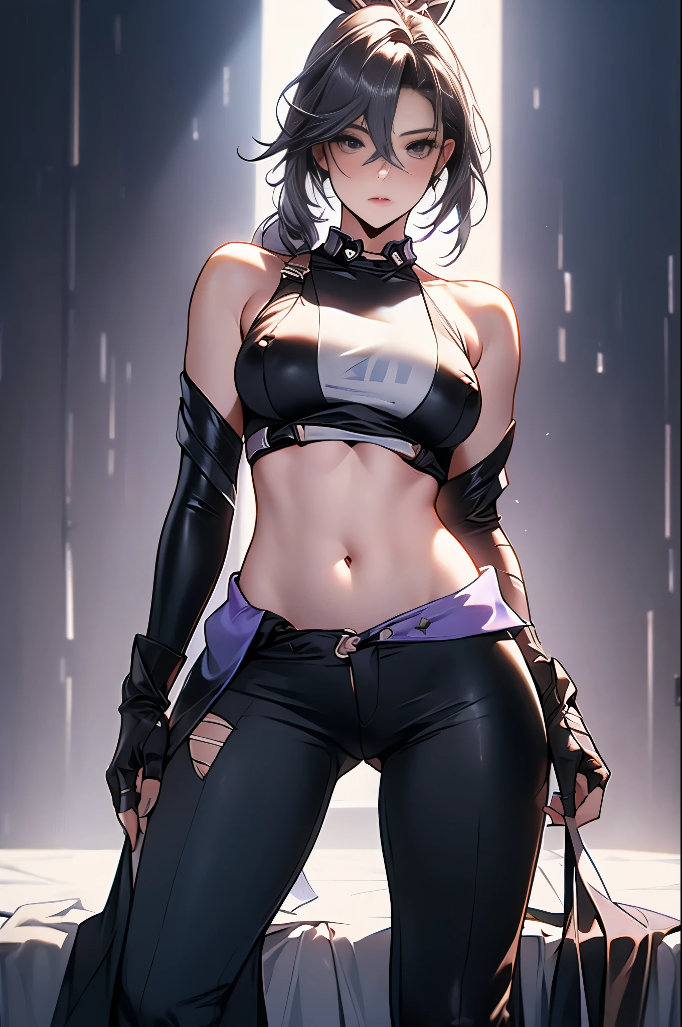 Realistic、1 girl,belly button,The detailed breasts, detailed breasts, ((pointed nipples))、shining eyes、big breasts、Tank top, Leather pants that have been slid down、leaking、Photographed from the front, Please open your thighs wide., squat、Hands on the buttocks
