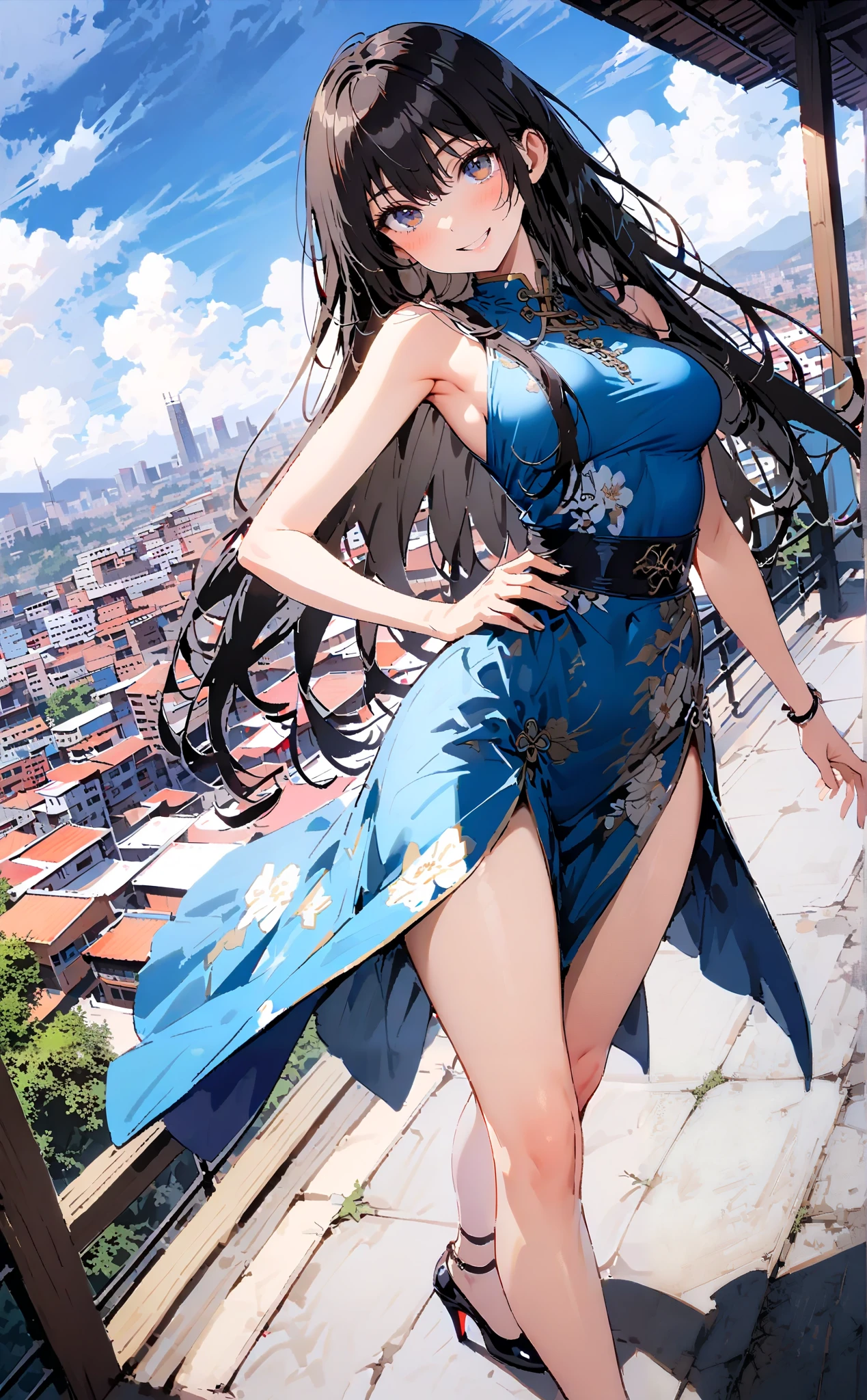 Yukina Himeragi, semi-long, black hair, brown eyes,smile, grin ,Medium breast,Sleeveless blue Chinese clothes , blue long slit , pin heels, putting one hand on the waist , angle from below, is standing,whole bodyがイラストに入るように, break outdoors, Chinese cityscape ,
break looking at viewer,whole body,
break ( Masterpiece:1.2), top quality , kampala, Unity 8k Wallpaper,(shape:0.8),( fine, beautiful eyes :1.6),It's a person ,whole body写真,CG Details , ( perfect hands, Complete Anatomy),