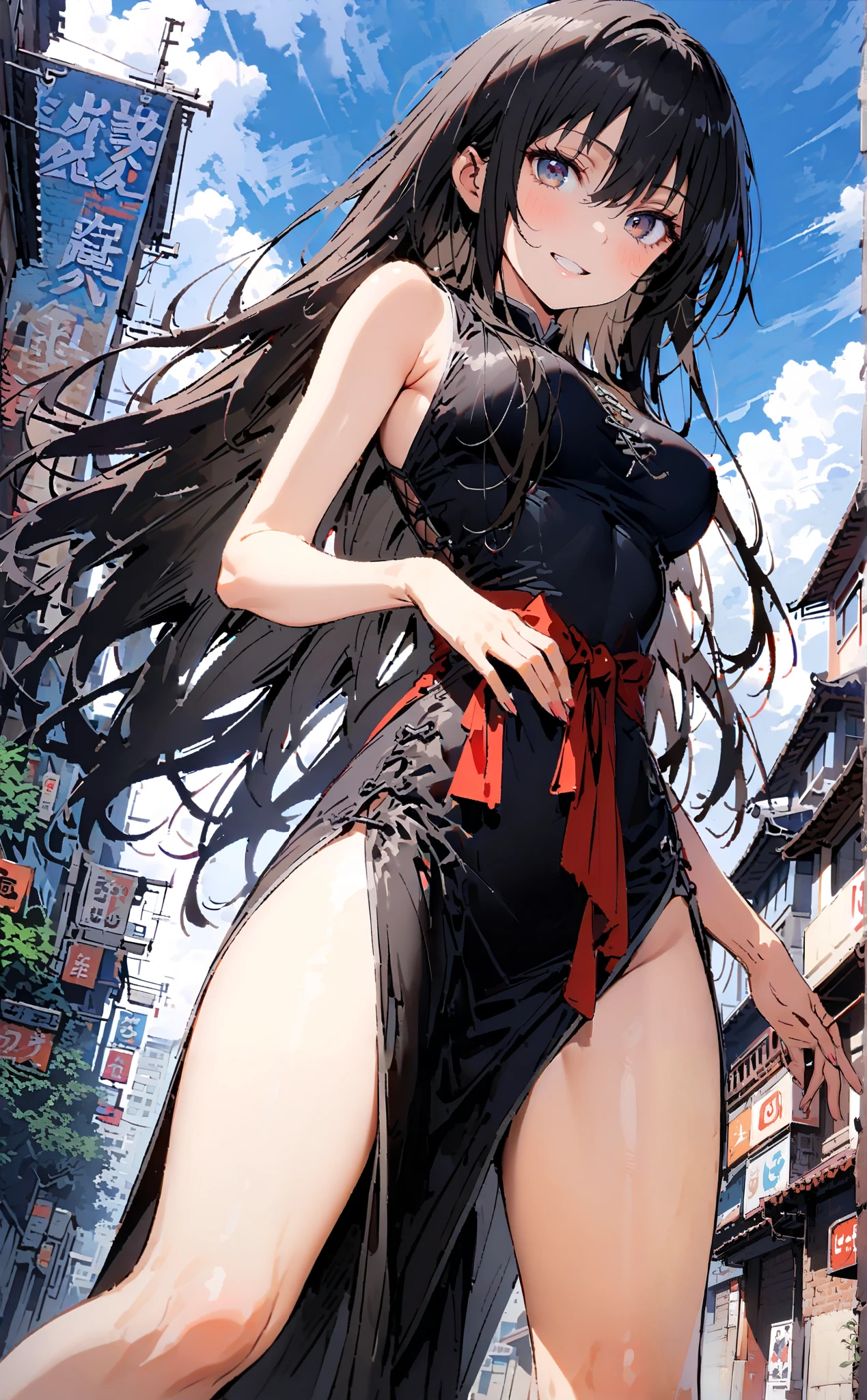 Yukina Himeragi, semi-long, black hair, brown eyes,smile, grin ,Medium breast,Sleeveless blue Chinese clothes , blue long slit , pin heels, putting one hand on the waist , angle from below, is standing,whole bodyがイラストに入るように, break outdoors, Chinese cityscape ,
break looking at viewer,whole body,
break ( Masterpiece:1.2), top quality , kampala, Unity 8k Wallpaper,(shape:0.8),( fine, beautiful eyes :1.6),It's a person ,whole body写真,CG Details , ( perfect hands, Complete Anatomy),