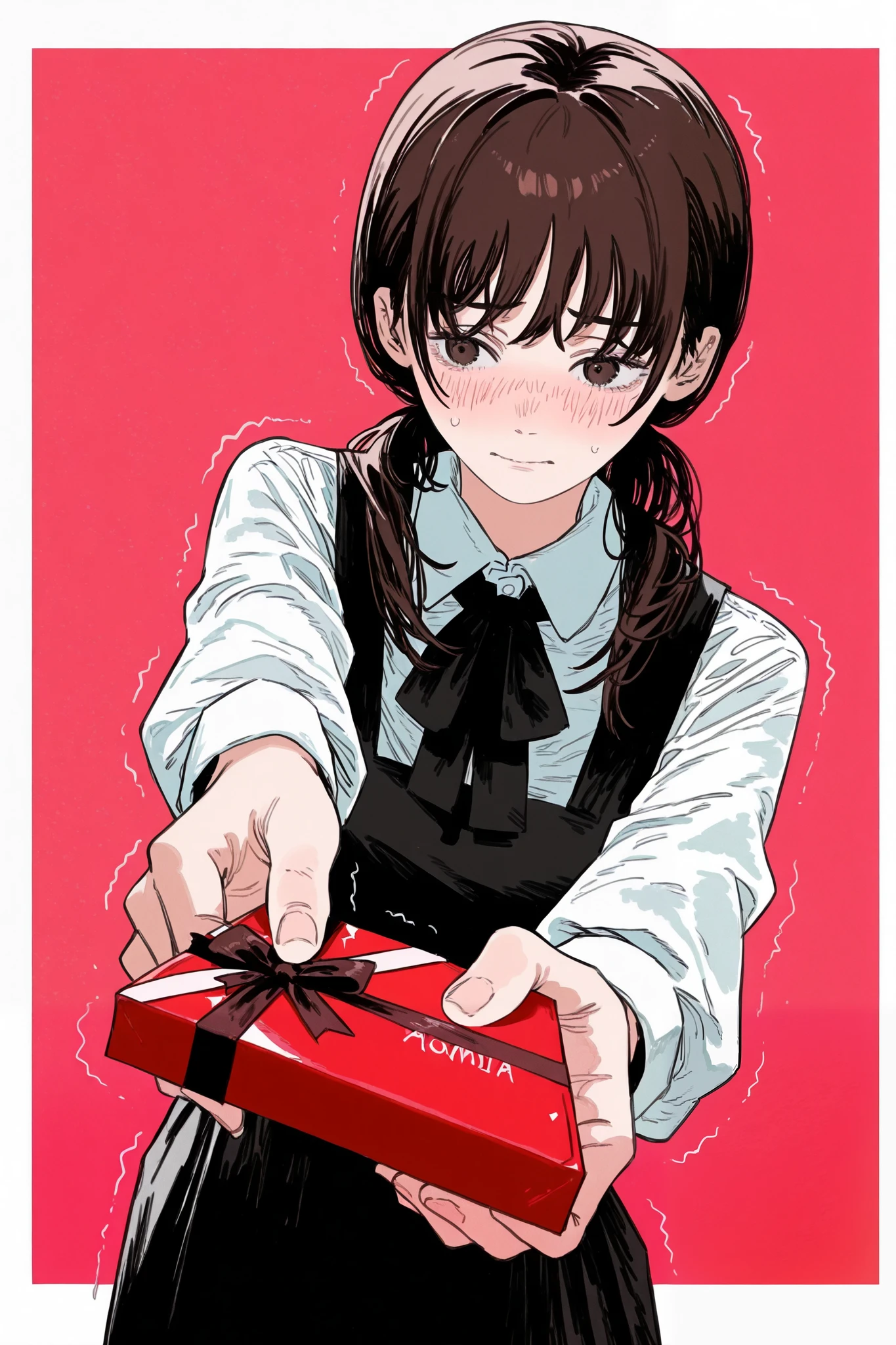 (Sh1r3n:1.2), 1girl, mitaka asa, chainsaw man, blurry, depth of field, blurry foreground, 1girl, blurry background, pink background, foreshortening, motion blur, alone, reaching out, twintails, red background, brown hair, looking to the side, embarrassed, brown eyes, pov, outstretched arm, blurring, shy, incoming_gift, handing over a bag of chocolates, black_eyes, trembling 