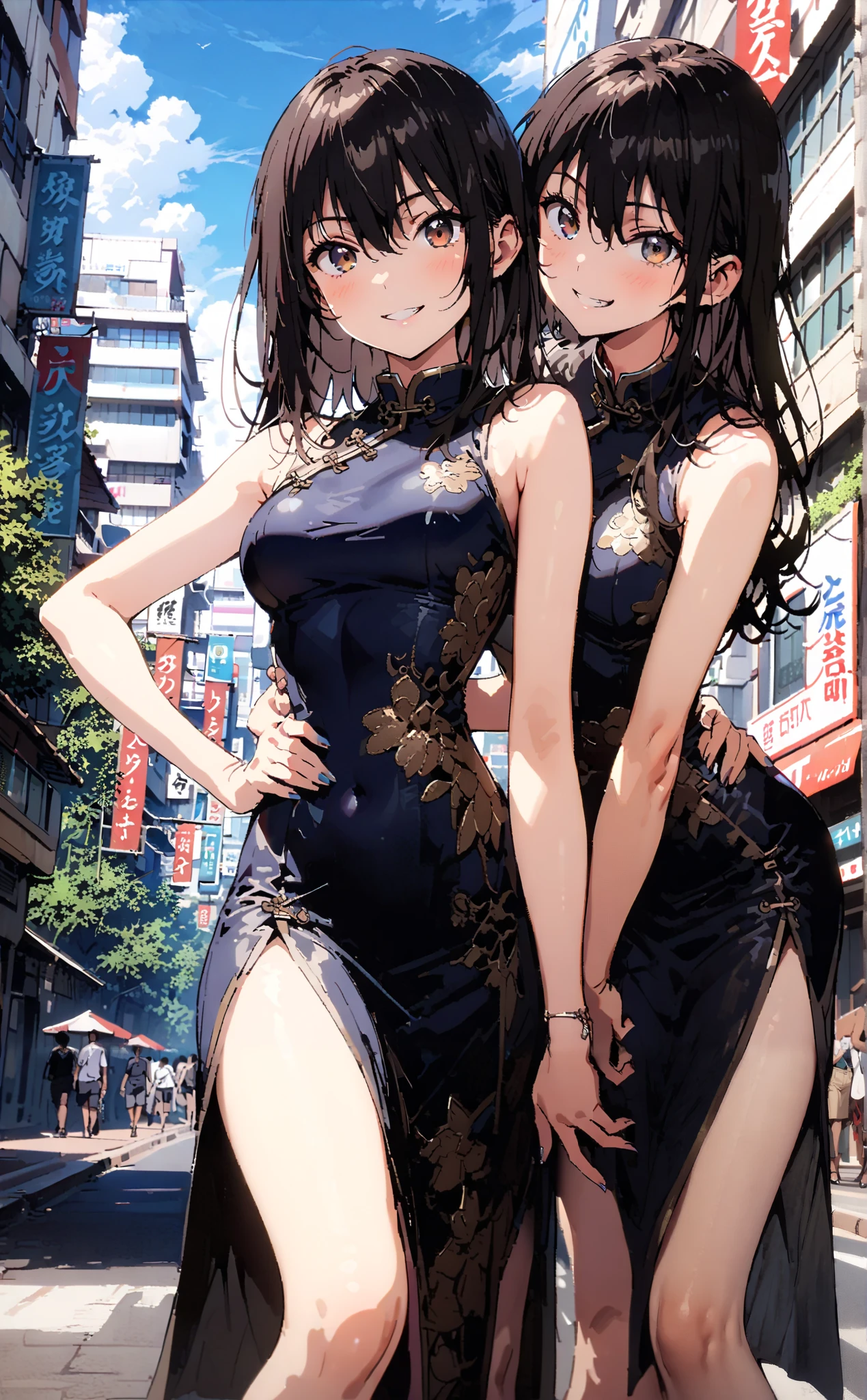 Yukina Himeragi, short hair, black hair, brown eyes,smile, grin ,Medium breast,Sleeveless blue Chinese clothes , blue long slit , pin heels, putting one hand on the waist , angle from below, is standing,whole bodyがイラストに入るように, break outdoors, Chinese cityscape ,
break looking at viewer,whole body,
break ( Masterpiece:1.2), top quality , kampala, Unity 8k Wallpaper,(shape:0.8),( fine, beautiful eyes :1.6),It's a person ,whole body写真,CG Details , ( perfect hands, Complete Anatomy),
