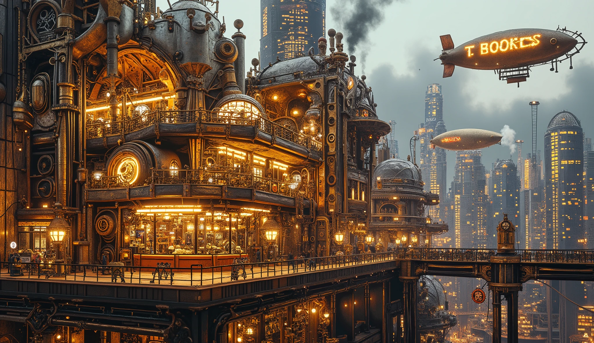 A sprawling steampunk cityscape dominated by glowing gold and silver machinery. The city features towering Victorian-style buildings with intricate brass gears, glowing neon tubes, and steam-powered mechanisms. Airships float gracefully in the sky, their golden surfaces reflecting the city's radiant lights. Steam vents release shimmering vapor, creating a dynamic and futuristic atmosphere. The scene is enhanced by cinematic lighting, emphasizing the luxurious textures and metallic details of the structures, resulting in a highly detailed and visually stunning composition.