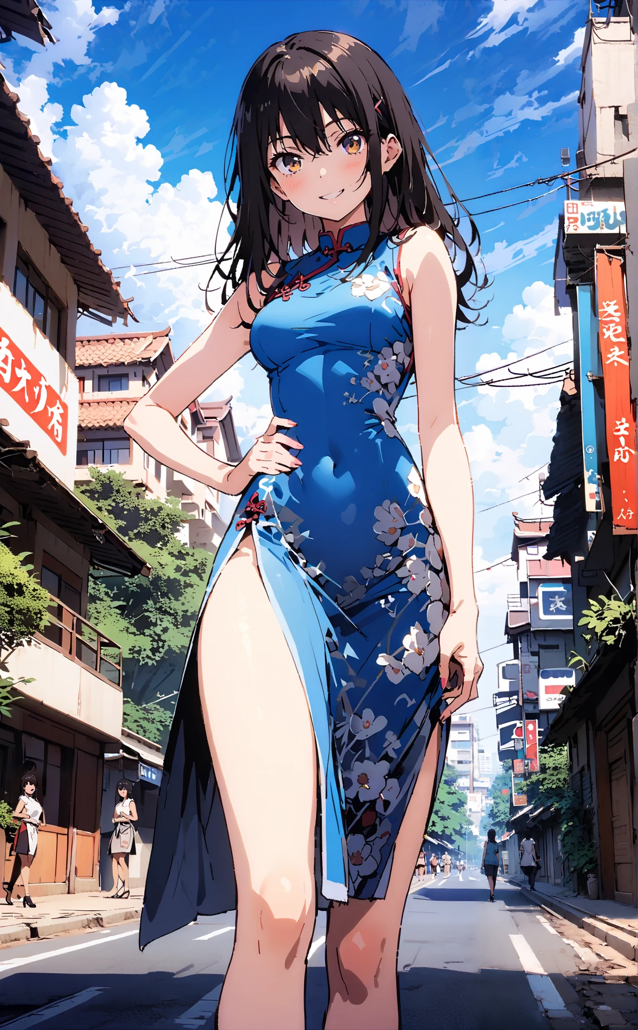 Yukina Himeragi, short hair, black hair, brown eyes,Alone,smile, grin ,Medium breast,Sleeveless blue Chinese clothes , blue long slit , pin heels, putting one hand on the waist , angle from below, is standing,whole bodyがイラストに入るように, break outdoors, Chinese cityscape ,
break looking at viewer,whole body,
break ( Masterpiece:1.2), top quality , kampala, Unity 8k Wallpaper,(shape:0.8),( fine, beautiful eyes :1.6),It's a person ,whole body写真,CG Details , ( perfect hands, Complete Anatomy),